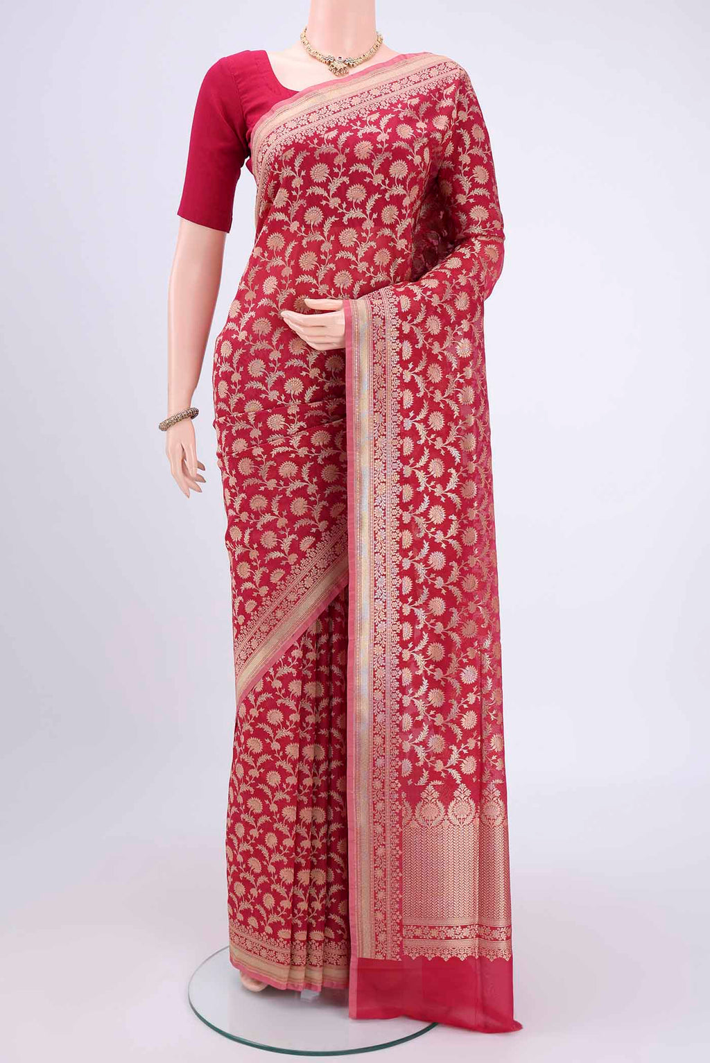 Dark Pink Dual Tone Banarasi Silk Saree with Zari Brocade on the body and Zari Border.  displayed on a mannequin