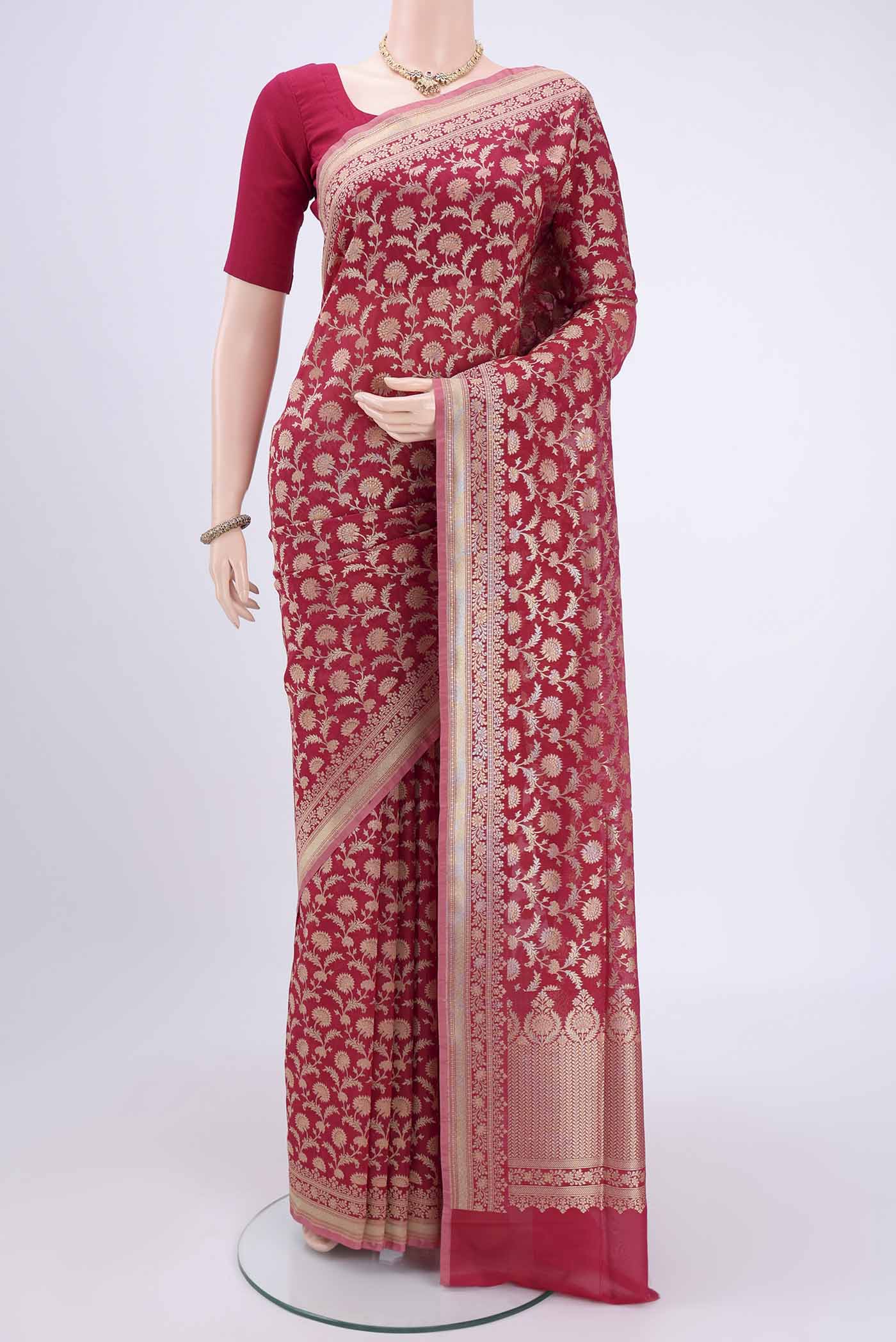 Dark Pink Dual Tone Banarasi Silk Saree with Zari Brocade on the body and Zari Border.  displayed on a mannequin