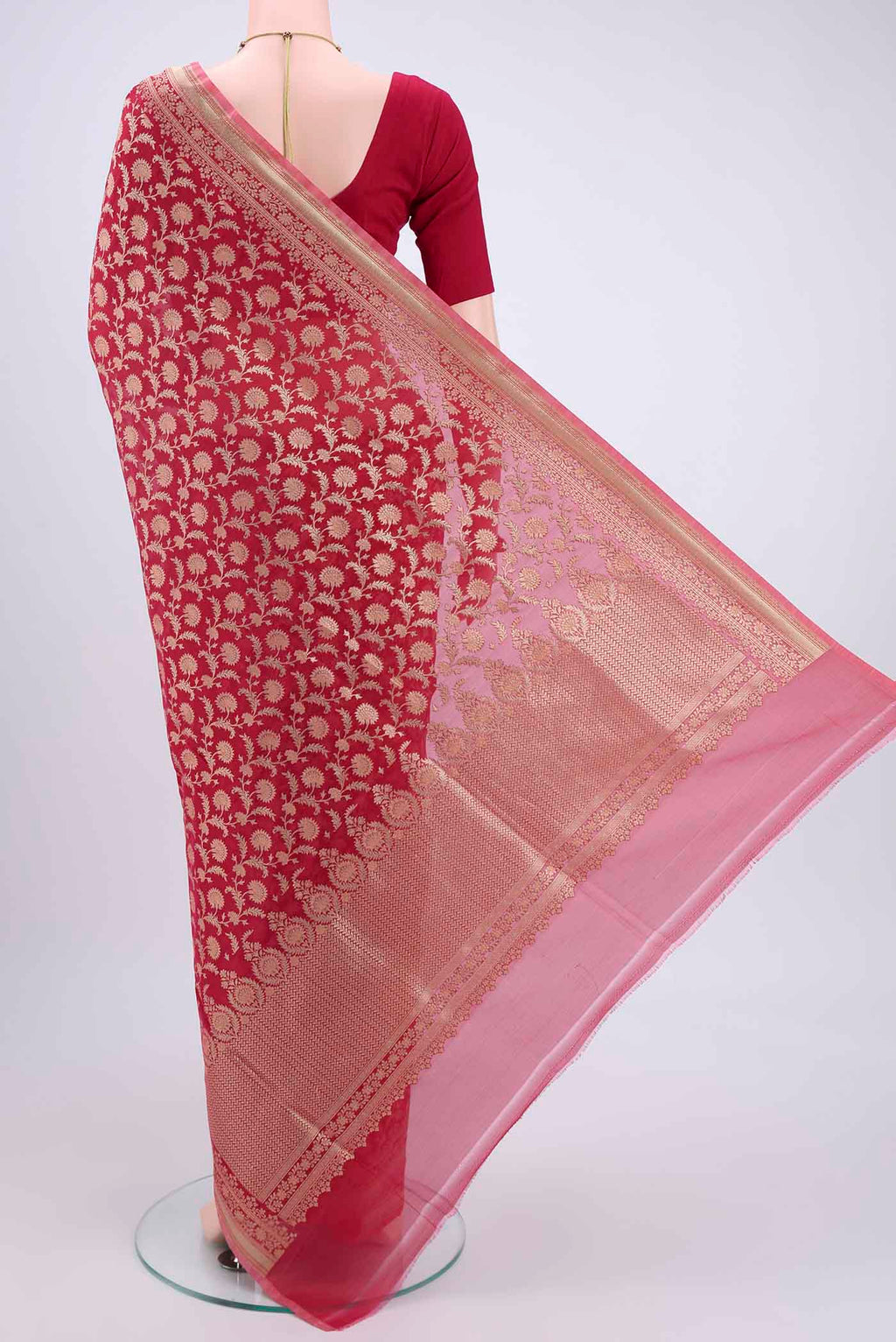 Flat view of Dark Pink Dual Tone Banarasi Silk Saree with Zari Brocade on the body and Zari Border. 
