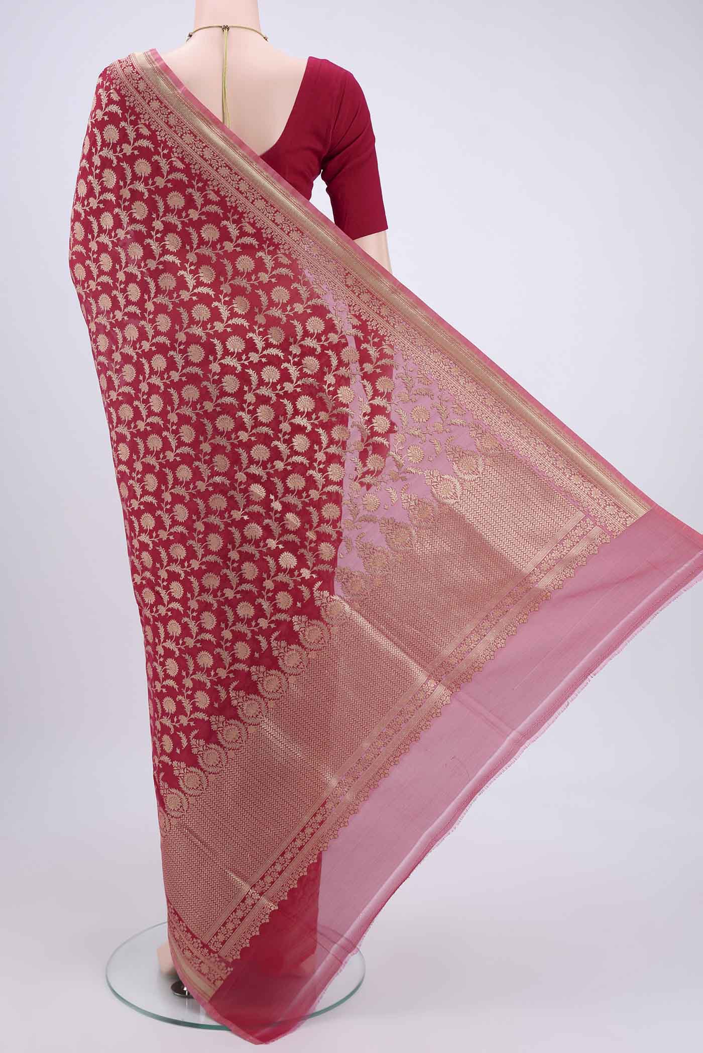 Flat view of Dark Pink Dual Tone Banarasi Silk Saree with Zari Brocade on the body and Zari Border. 