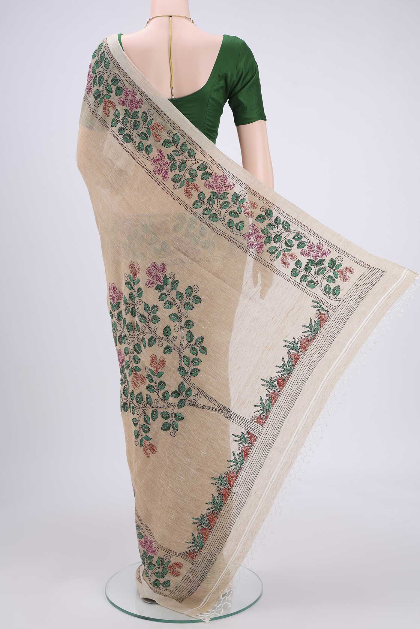 Flat view of Beige Linen Saree with Plain Body and Thread Border. 