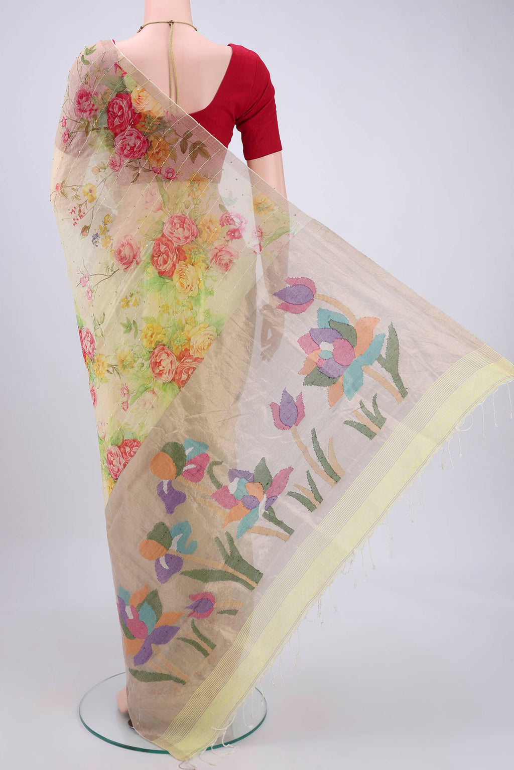 Flat view of Lemon Yellow Organza Silk Saree with Printed design on the body and Zari Border. 