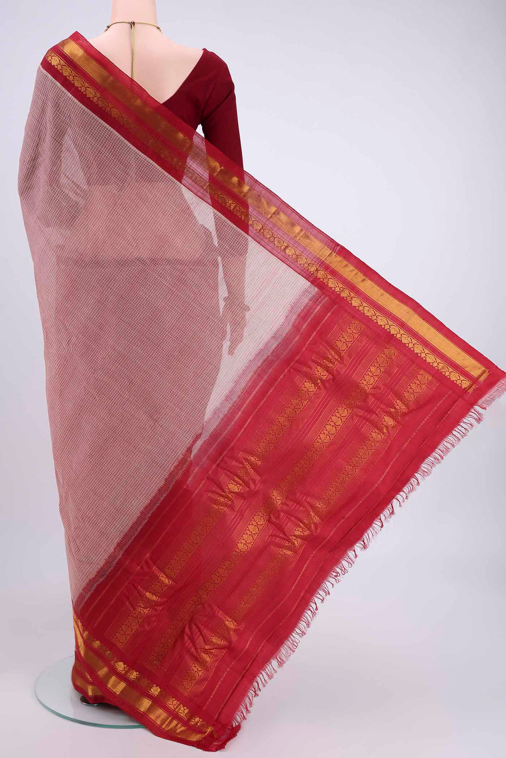 Flat view of Coral Dual Tone Gadwal Silk Cotton Saree with Checked design on the body and Silk Border. 