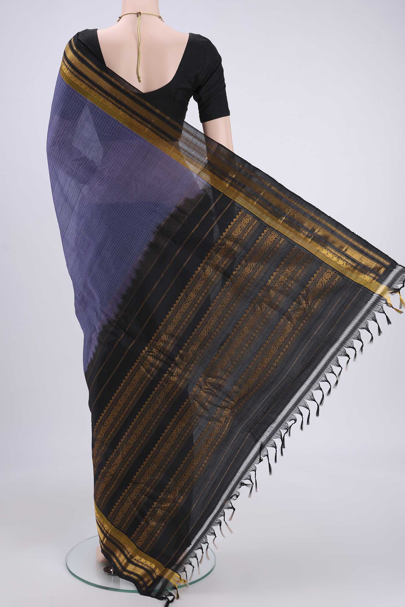 Flat view of Dark Mauve Gadwal Silk Cotton Saree with Checked design on the body and Silk Border. 