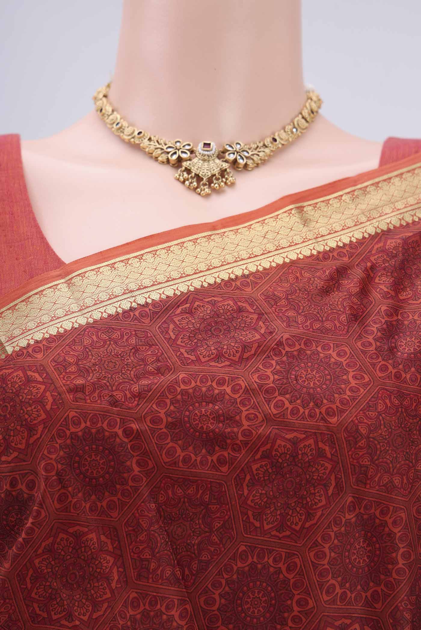 Border image of Brick Orange Printed Silk Saree with Printed design on the body and Zari Border. 
