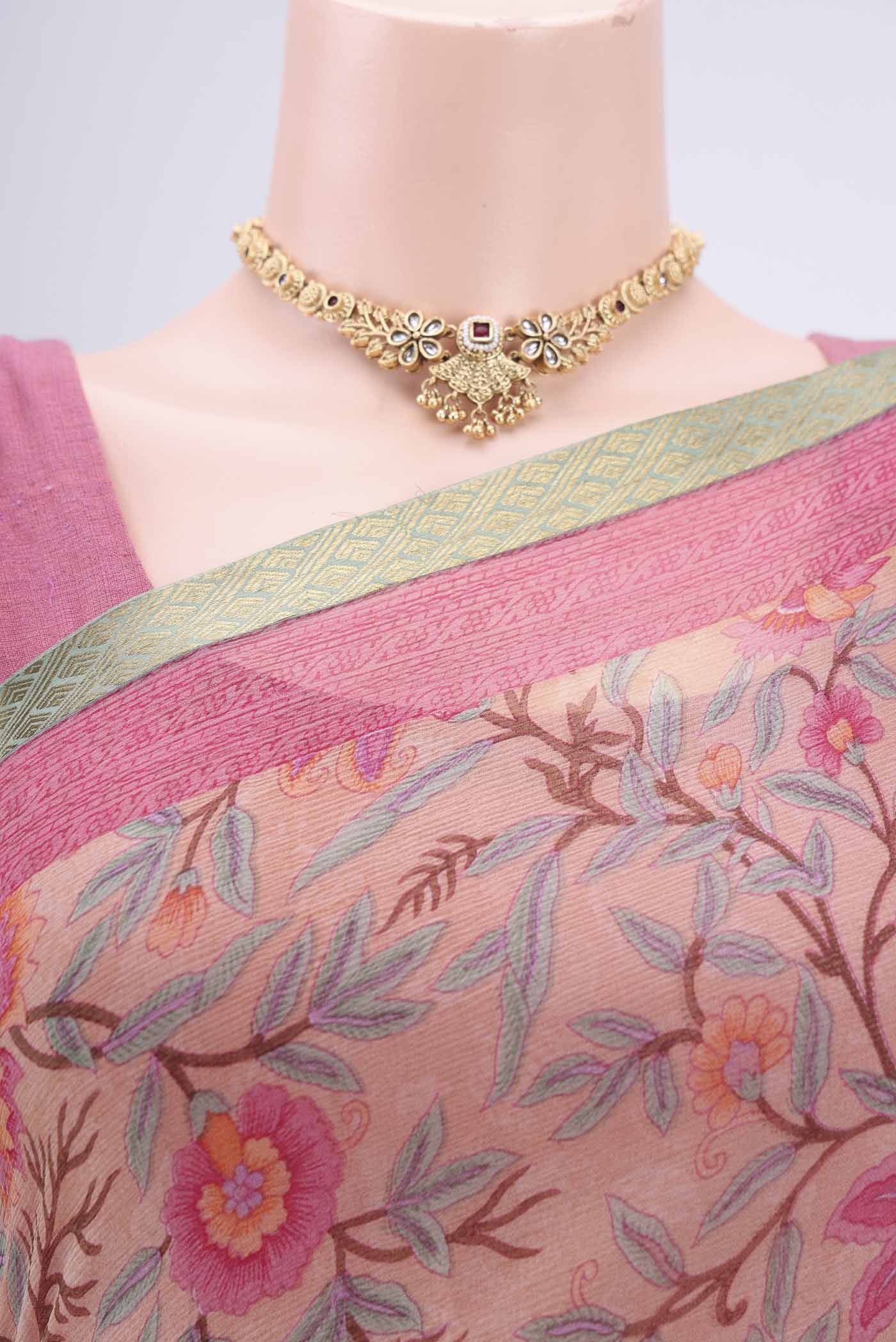 Border image of Peach Mysore Chiffon Saree with Floral Print on the body and Satin Border. 
