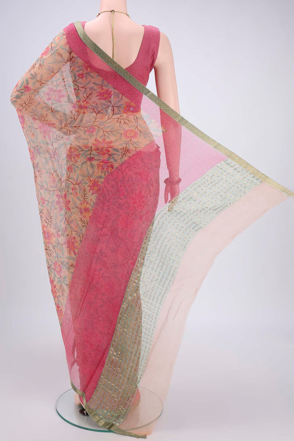 Flat view of Peach Mysore Chiffon Saree with Floral Print on the body and Satin Border. 