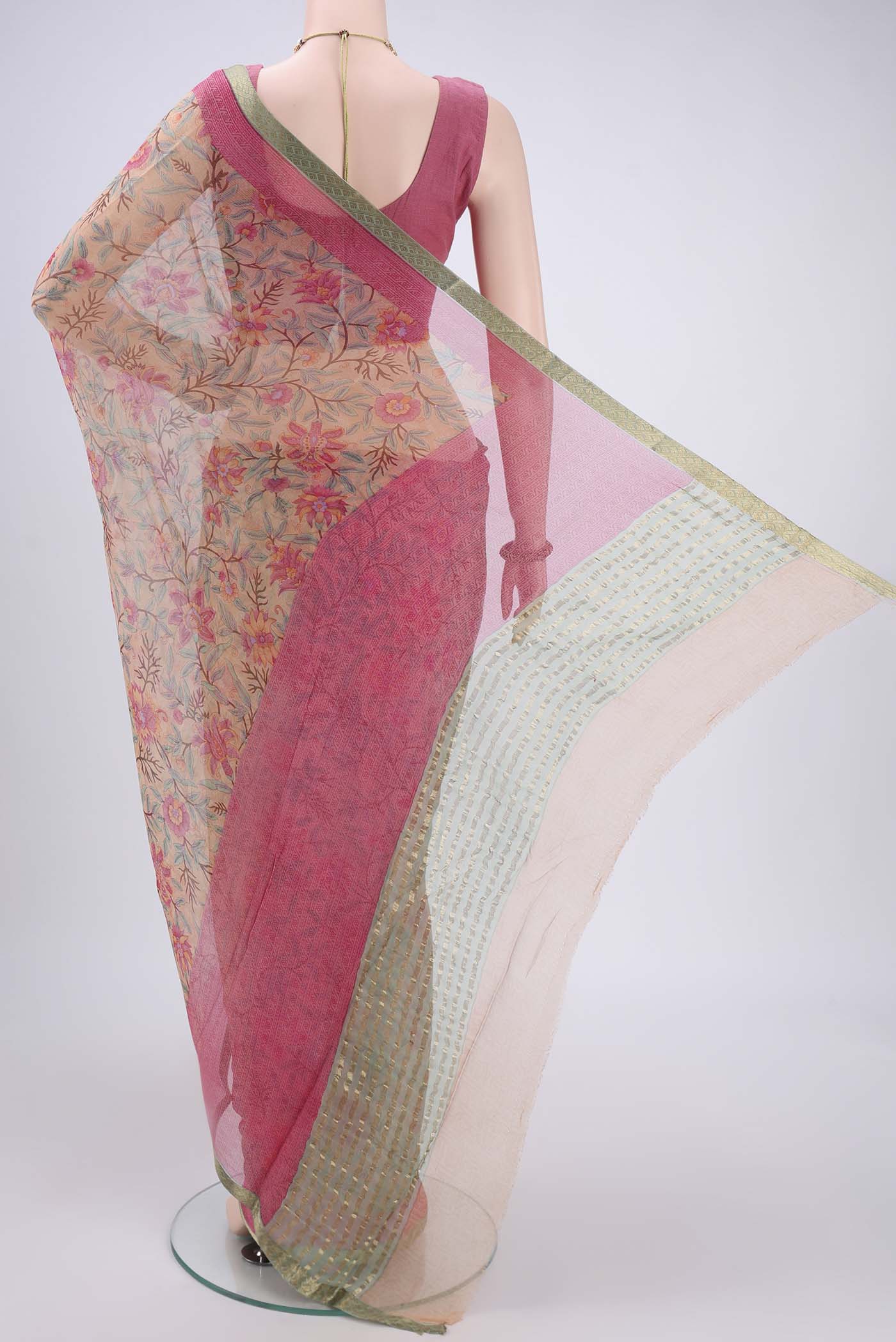 Flat view of Peach Mysore Chiffon Saree with Floral Print on the body and Satin Border. 