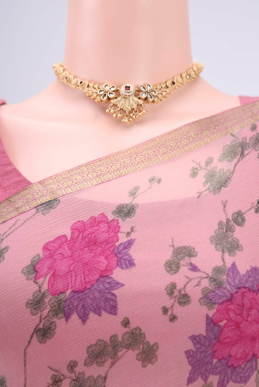 Border image of Rose pink Mysore Chiffon Saree with Floral Print on the body and Satin Border. 