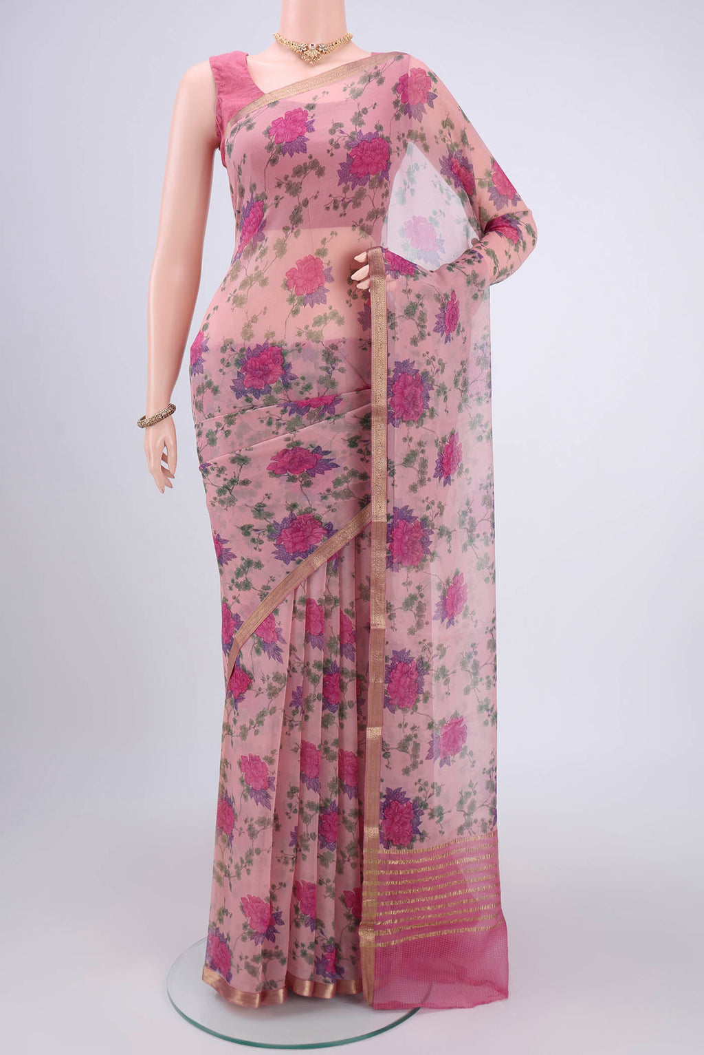 Rose pink Mysore Chiffon Saree with Floral Print on the body and Satin Border.  displayed on a mannequin