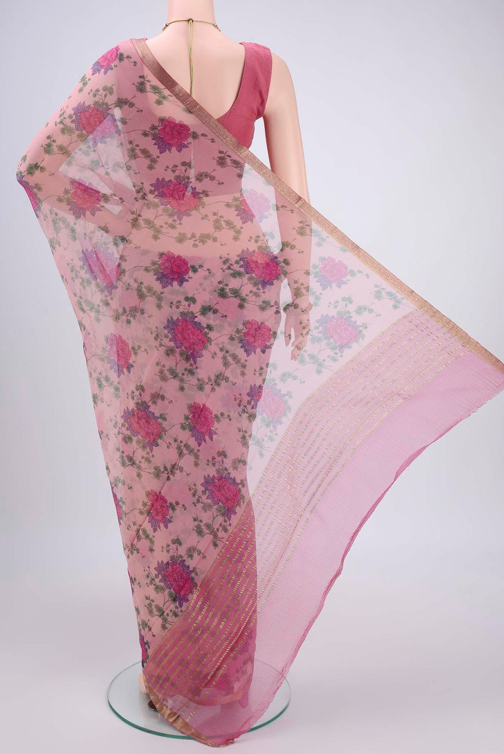 Flat view of Rose pink Mysore Chiffon Saree with Floral Print on the body and Satin Border. 