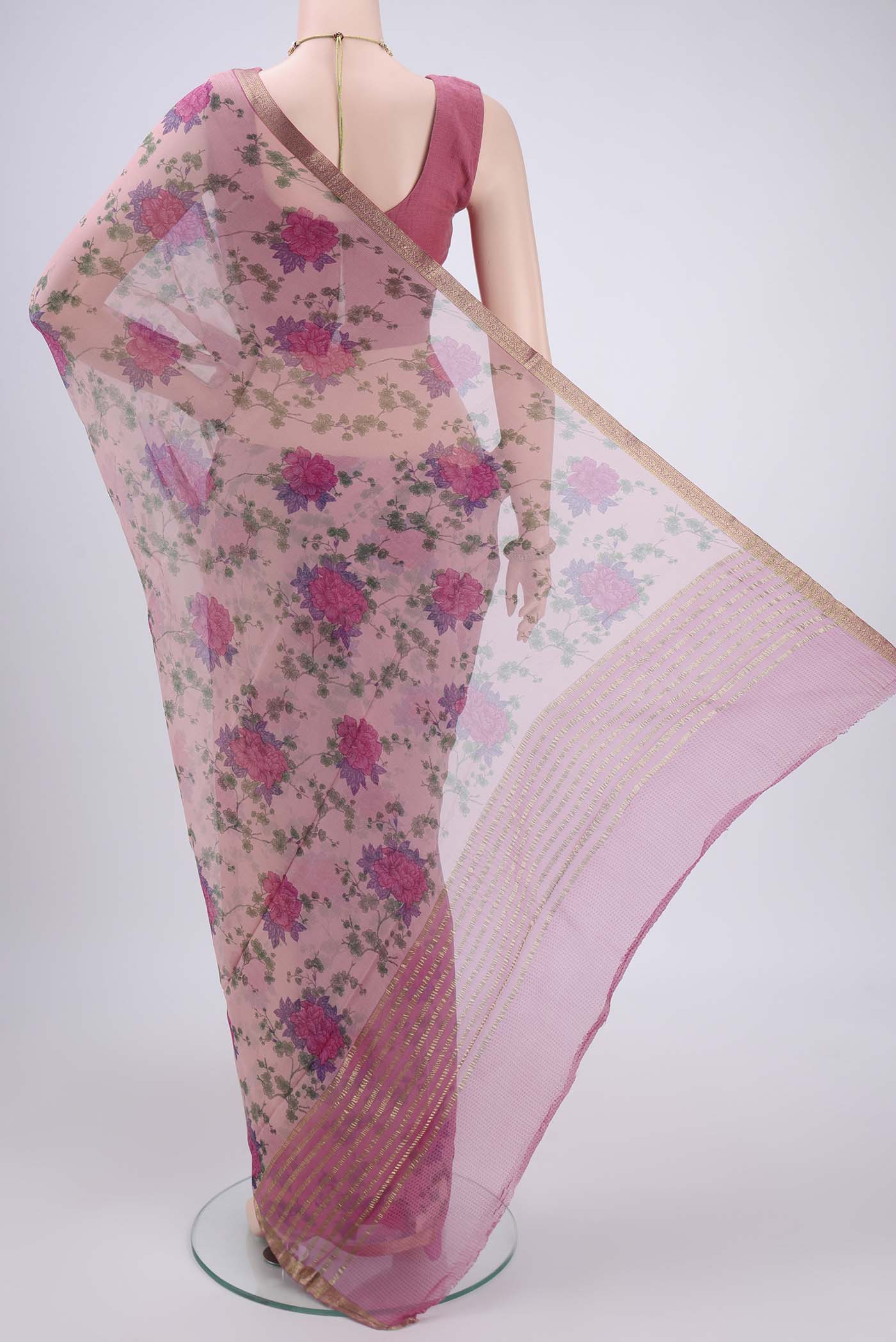 Flat view of Rose pink Mysore Chiffon Saree with Floral Print on the body and Satin Border. 