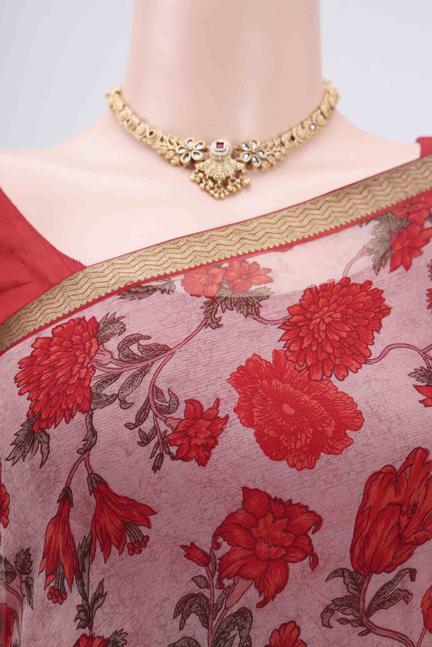Border image of Pink Mysore Chiffon Saree with Floral Print on the body and Zari Border. 