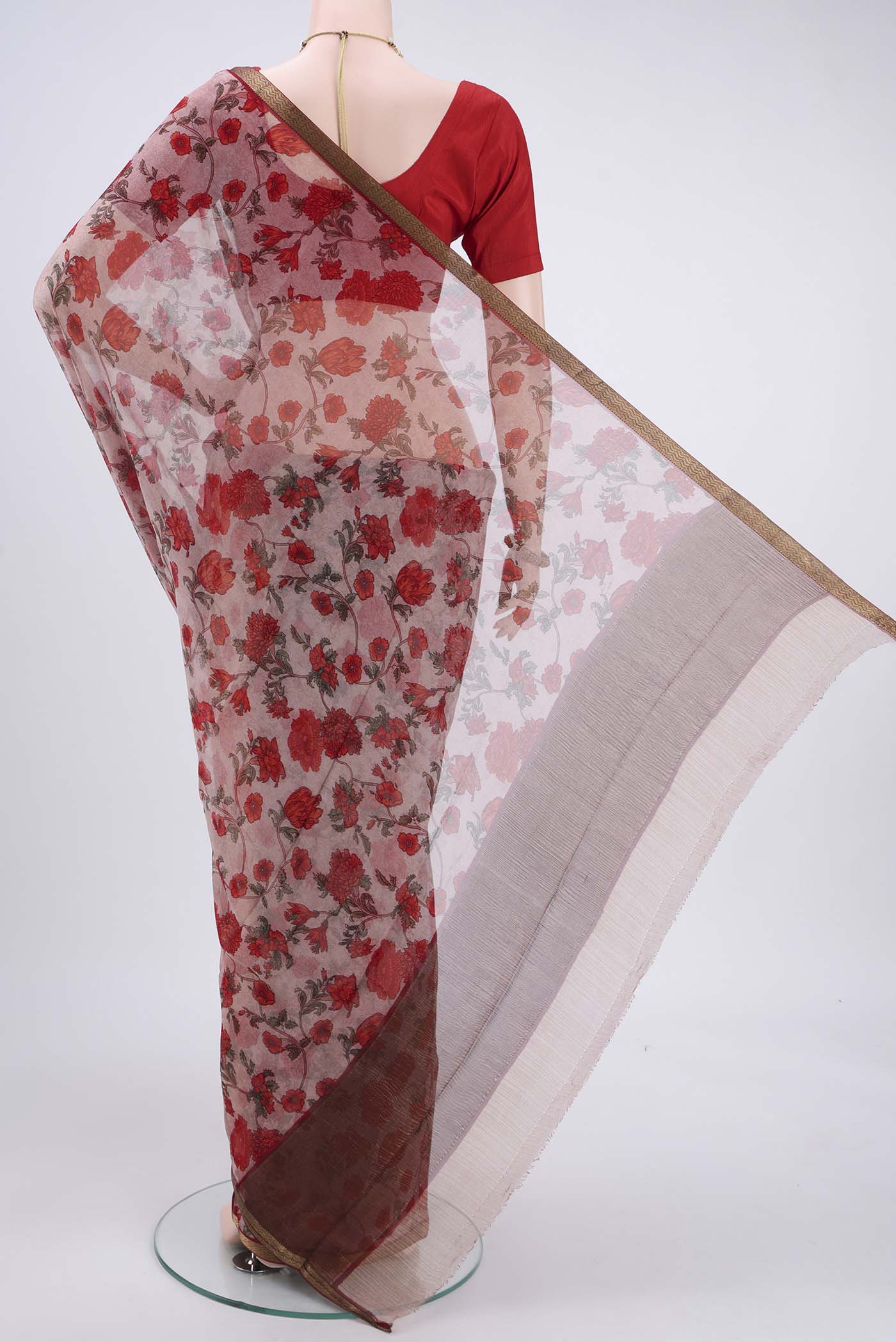 Flat view of Pink Mysore Chiffon Saree with Floral Print on the body and Zari Border. 