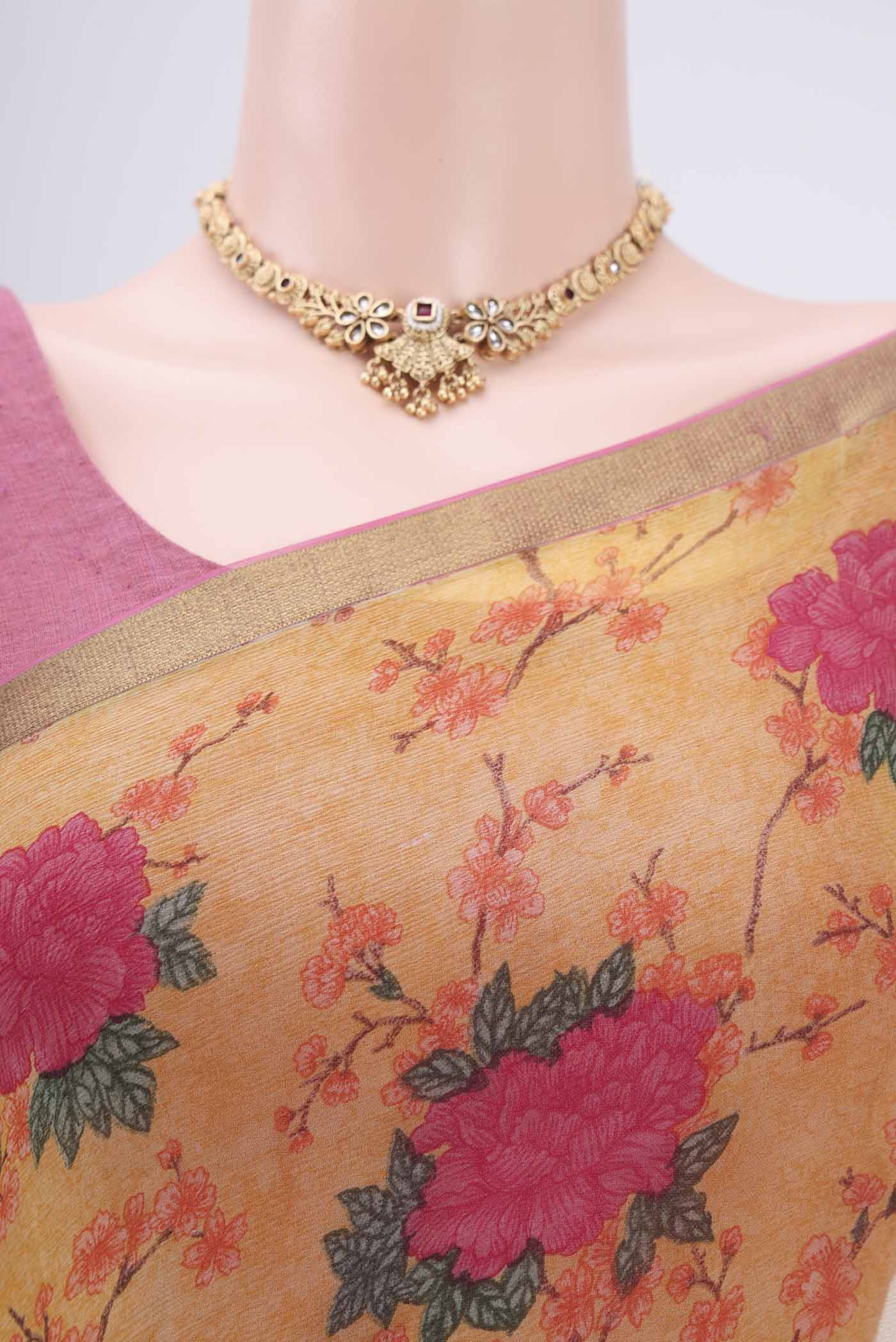 Border image of Mustard Mysore Chiffon Saree with Floral Print on the body and Zari Border. 