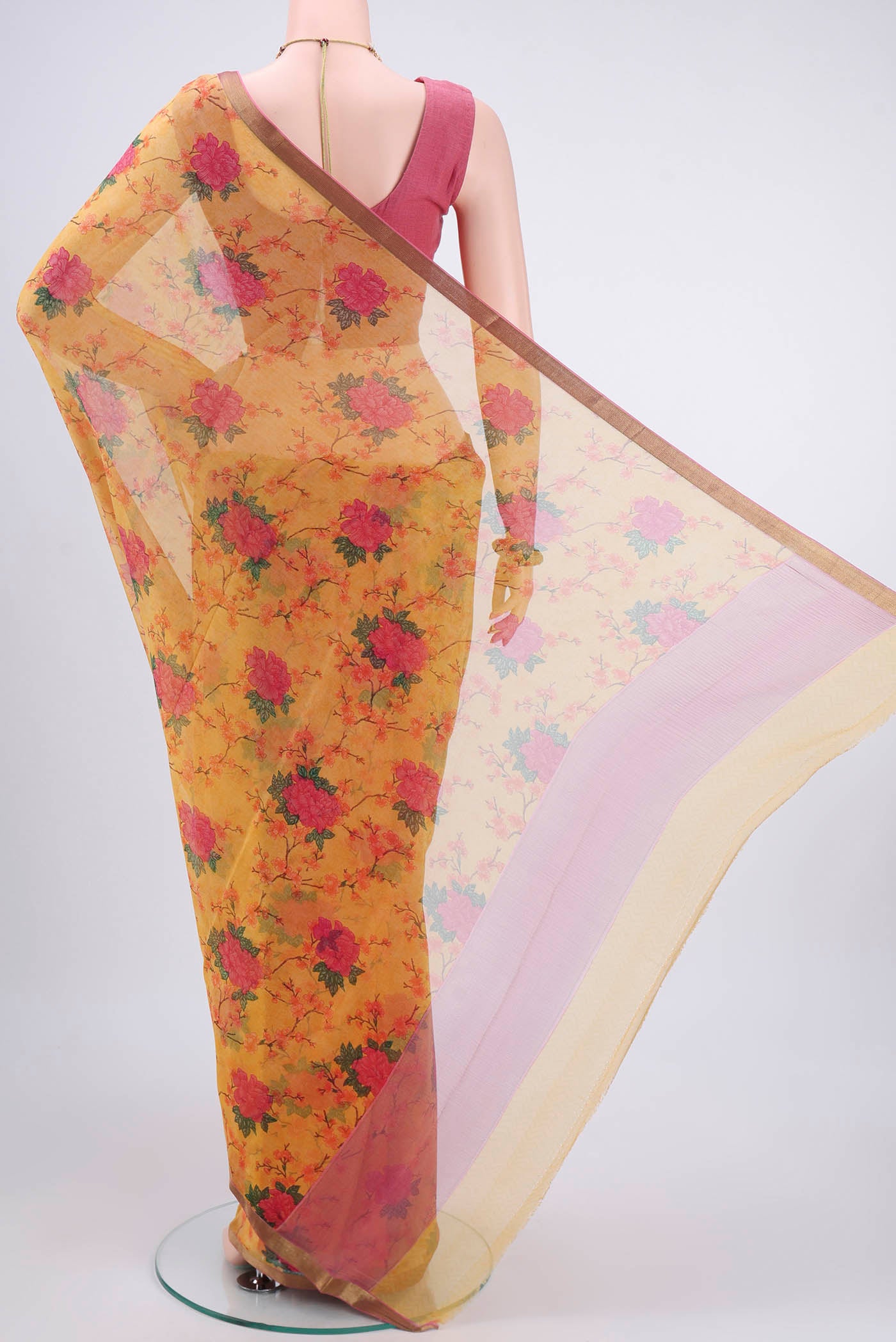 Flat view of Mustard Mysore Chiffon Saree with Floral Print on the body and Zari Border. 