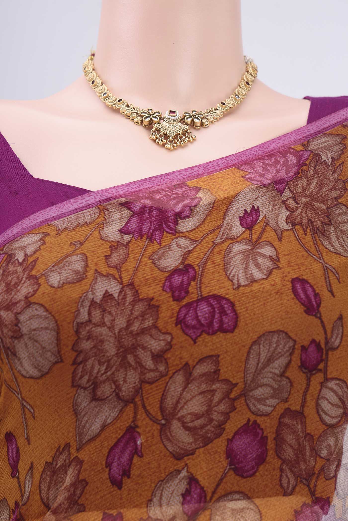 Border image of Mustard Mysore Chiffon Saree with Floral Print on the body and Without Border. 