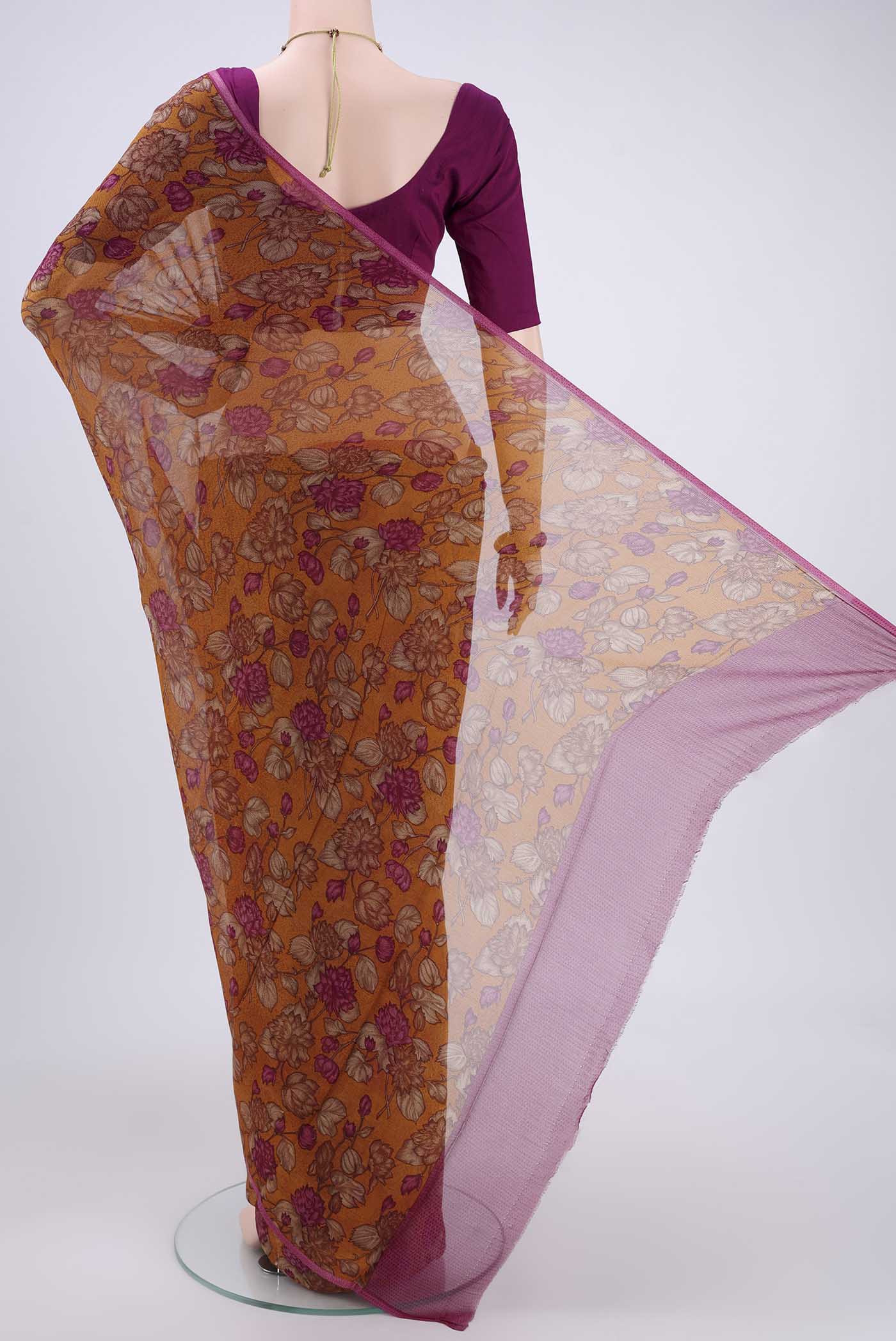 Flat view of Mustard Mysore Chiffon Saree with Floral Print on the body and Without Border. 