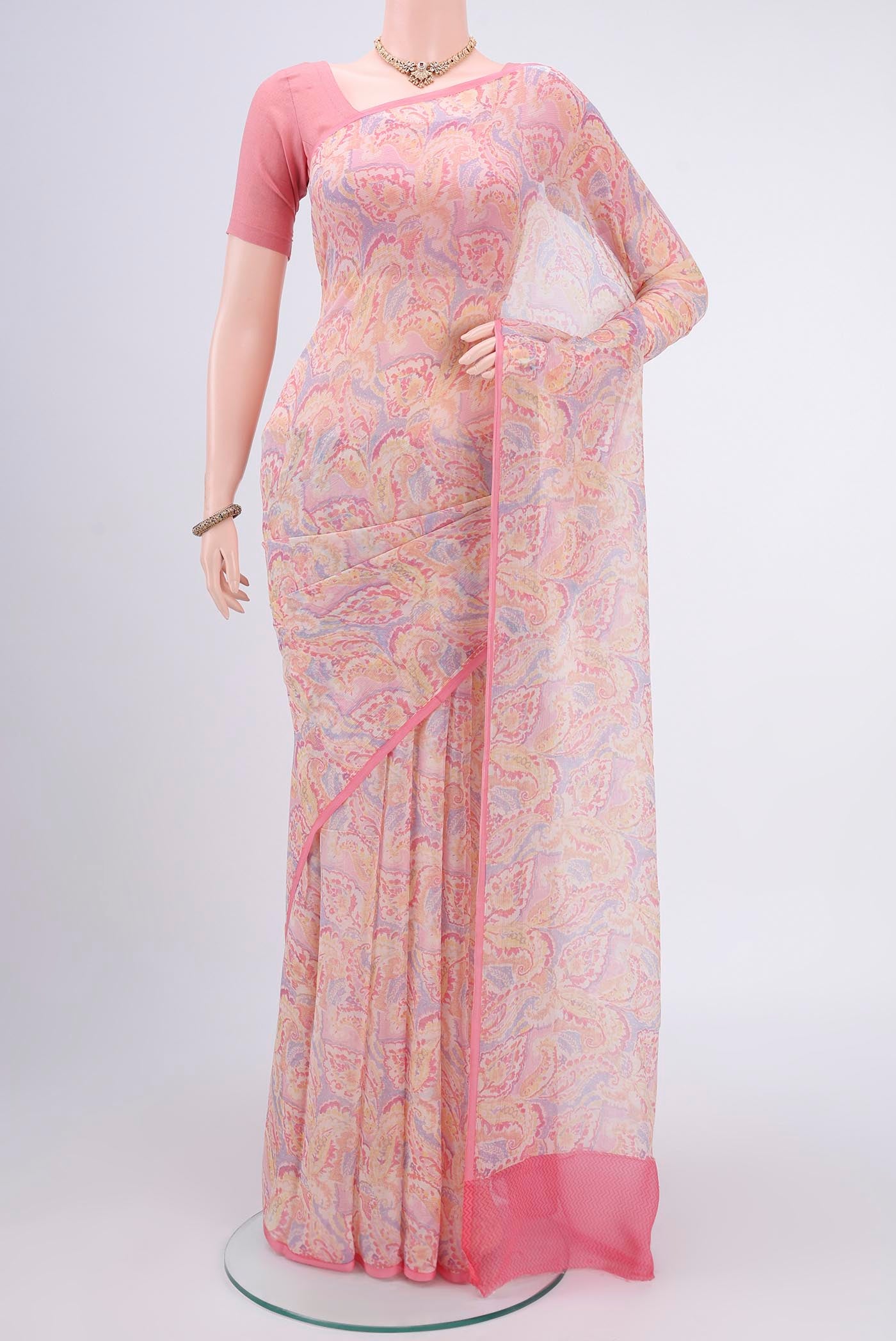 Pink Mysore Chiffon Saree with Floral Print on the body and Without Border.  displayed on a mannequin