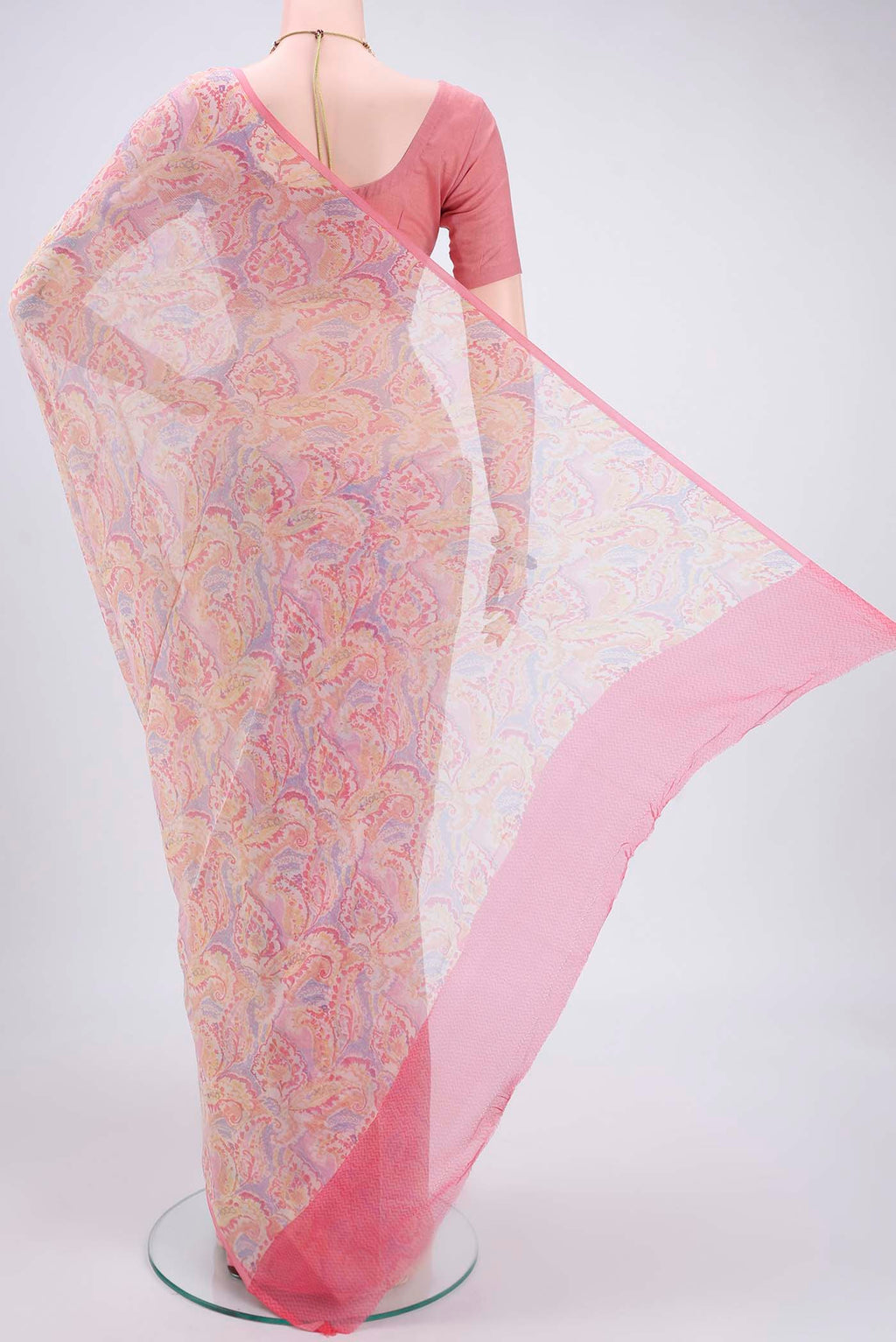 Flat view of Pink Mysore Chiffon Saree with Floral Print on the body and Without Border. 
