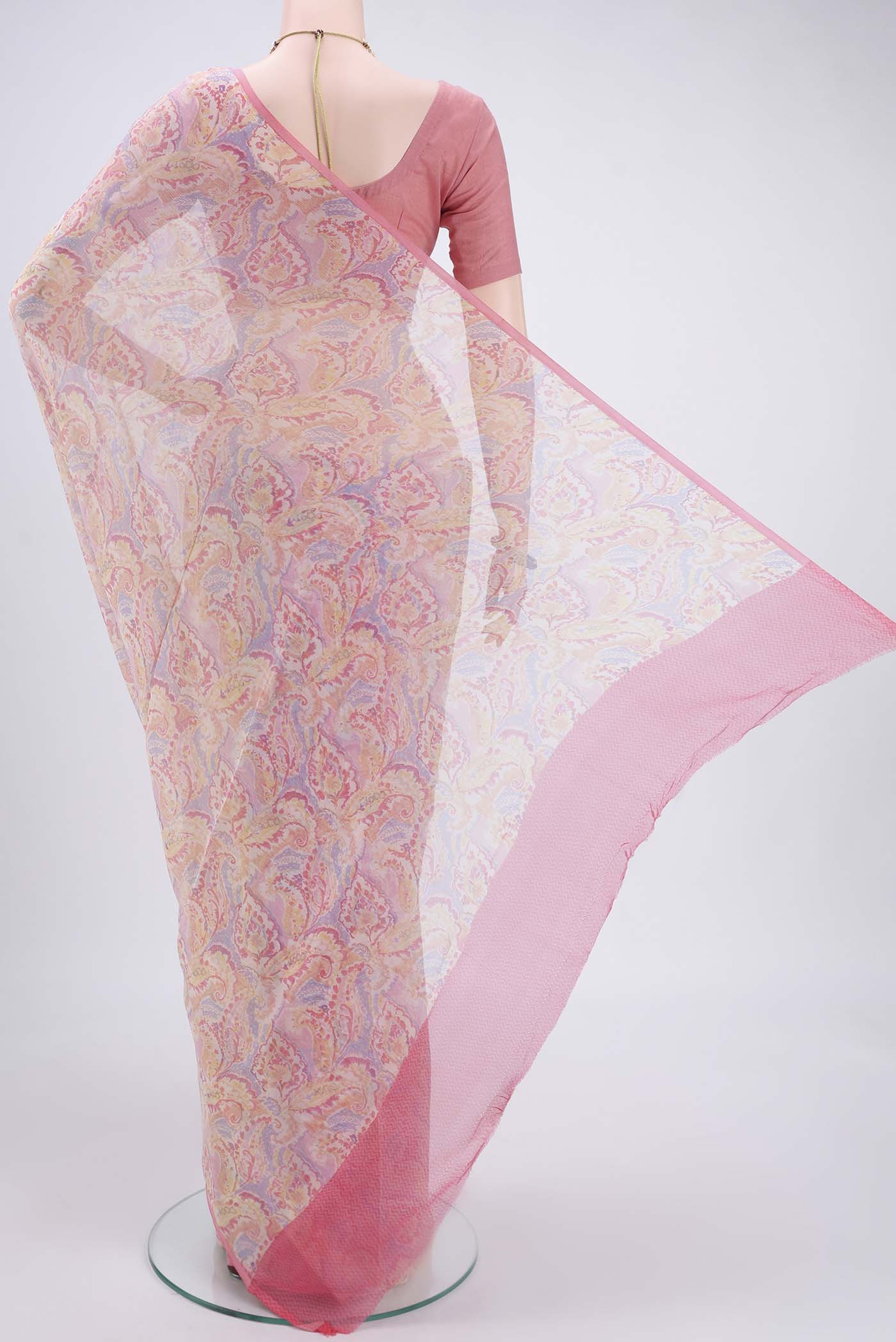 Flat view of Pink Mysore Chiffon Saree with Floral Print on the body and Without Border. 