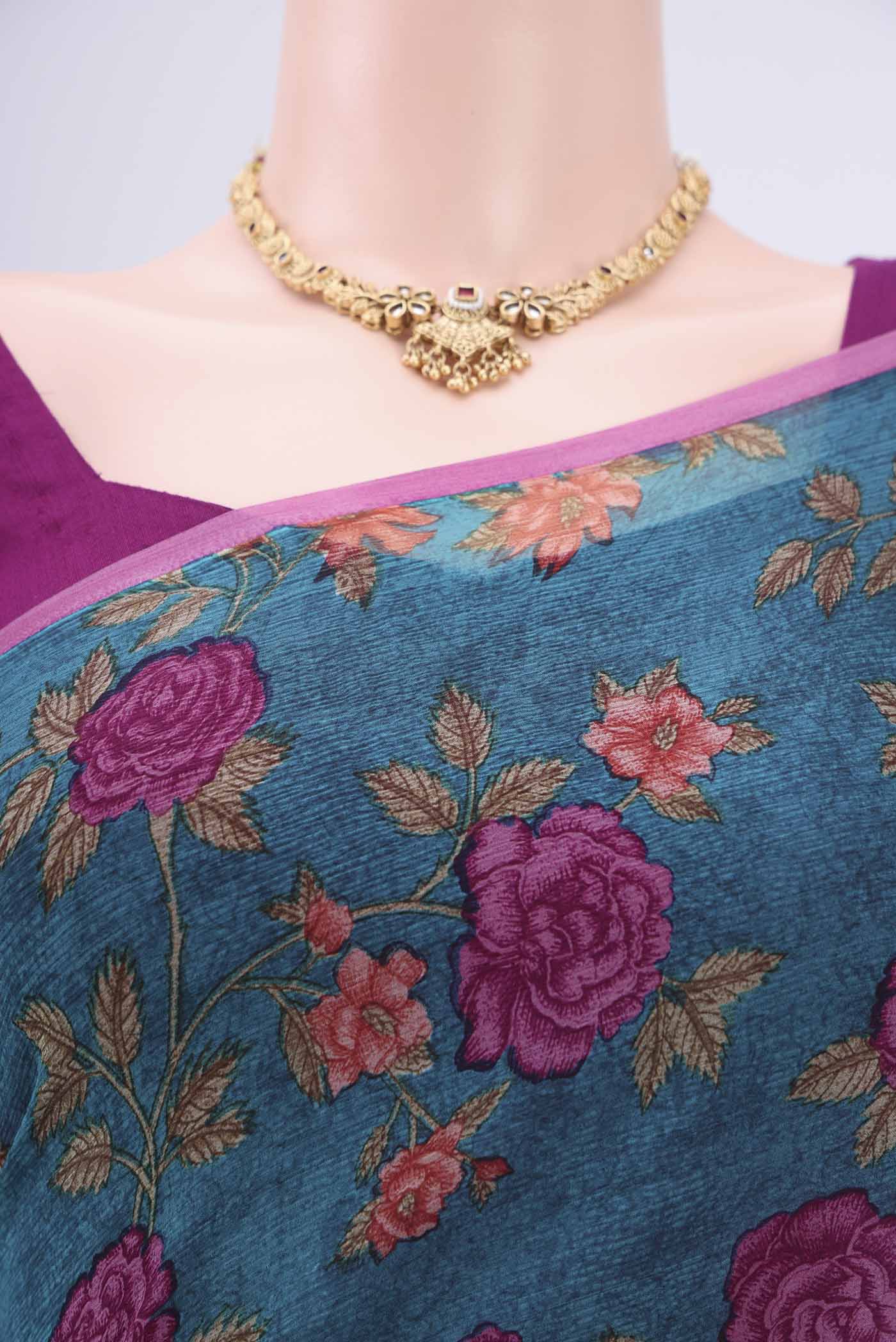 Border image of Sea Green Mysore Chiffon Saree with Floral Print on the body and Without Border. 
