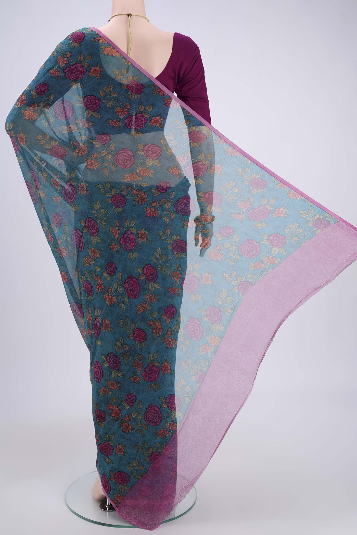 Flat view of Sea Green Mysore Chiffon Saree with Floral Print on the body and Without Border. 