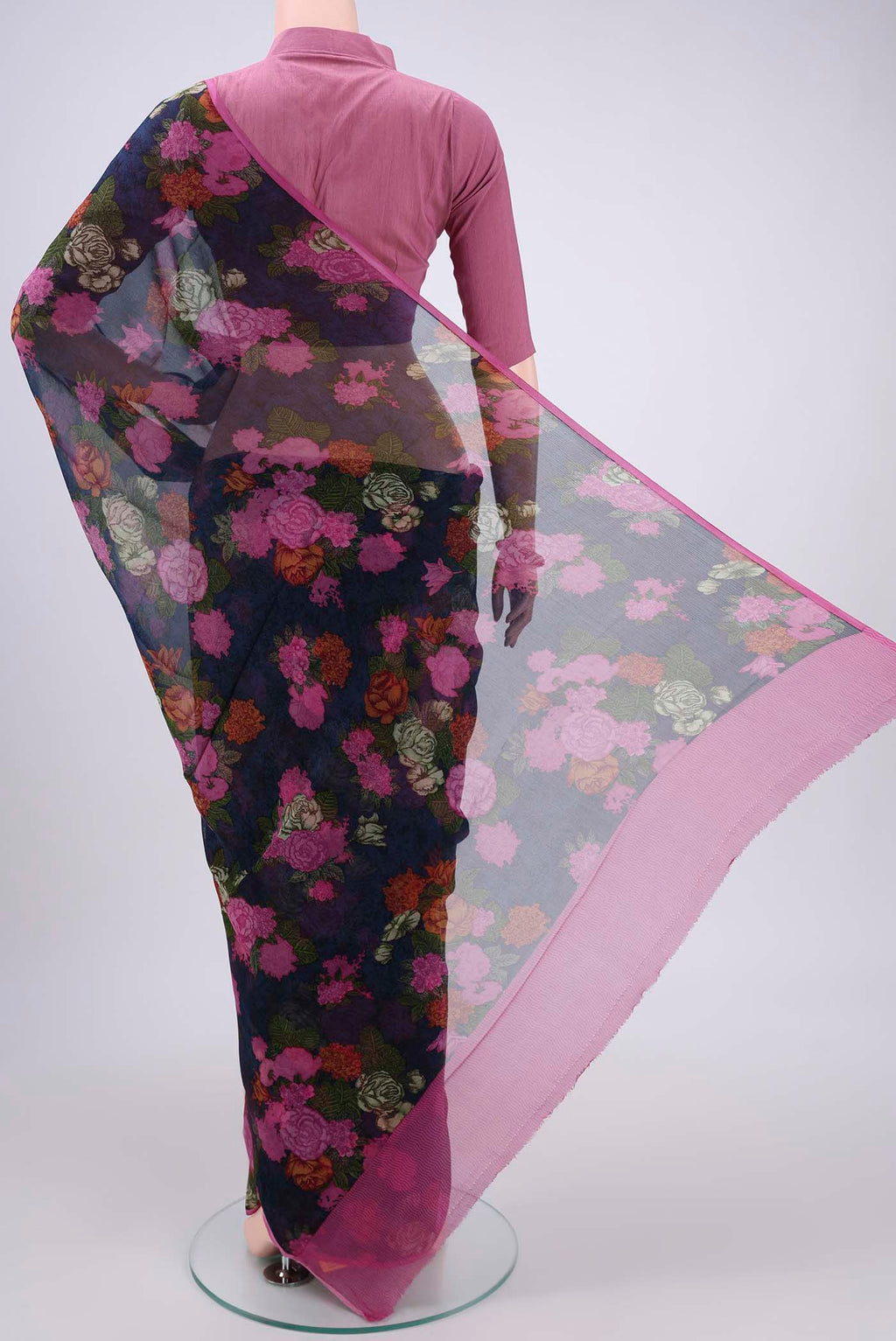 Flat view of Multi Color Mysore Chiffon Saree with Floral Print on the body and Satin Border. 