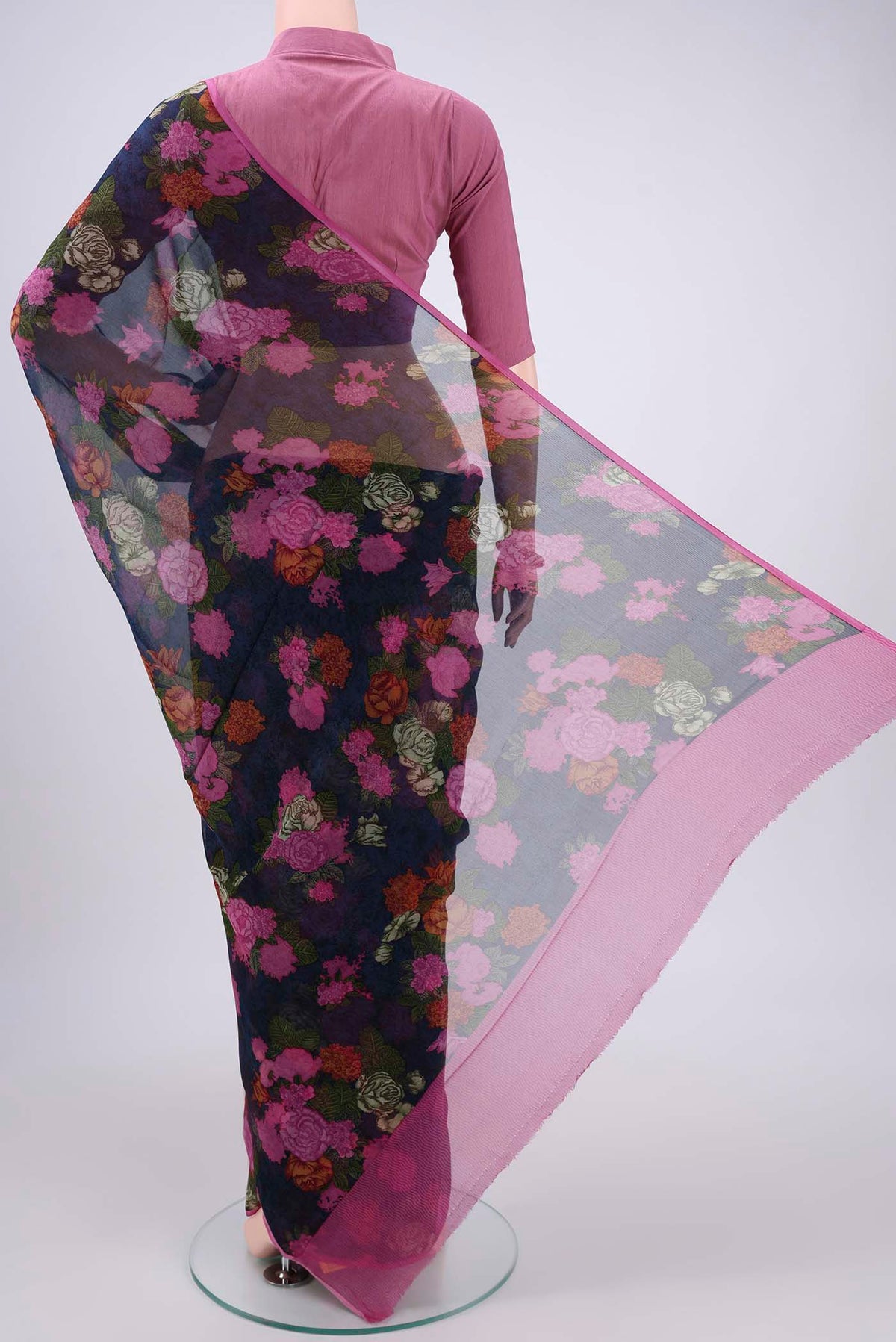 Flat view of Multi Color Mysore Chiffon Saree with Floral Print on the body and Satin Border. 