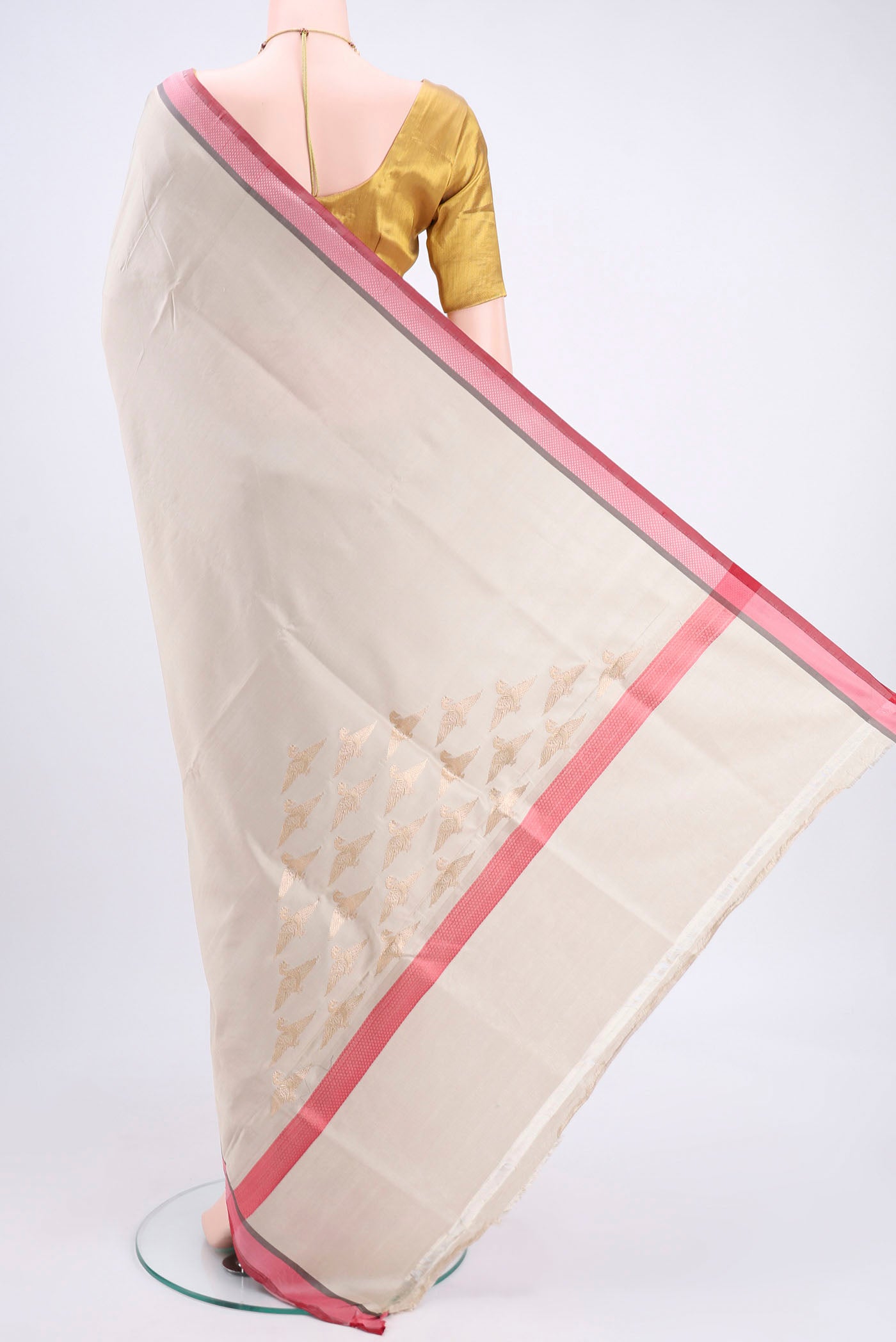 Flat view of Beige Banarasi Silk Saree with Plain Body and Zari And Thread Border. 