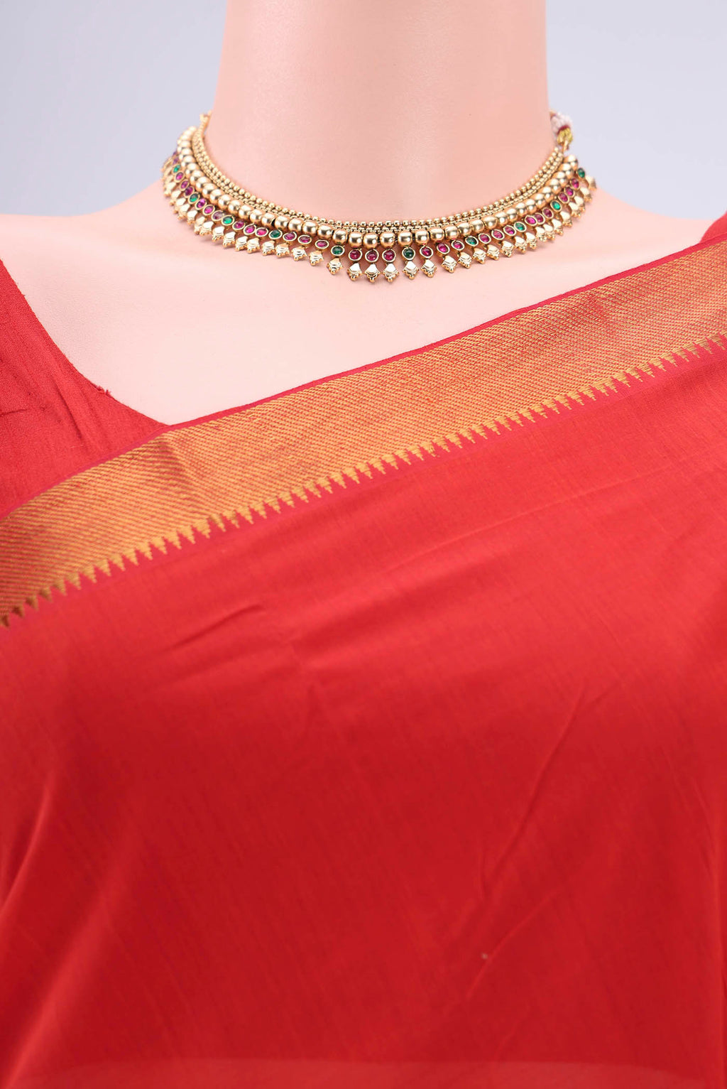 Border image of Saffron Mangalagiri Cotton Saree with Plain Body and Zari Border. 