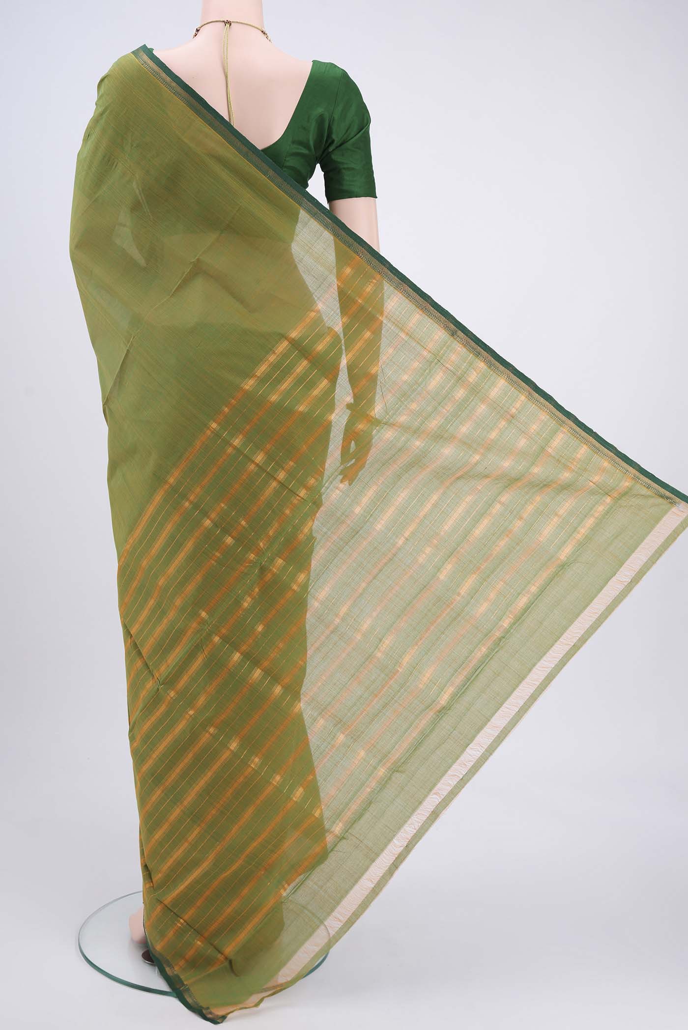 Flat view of Light Green Mangalagiri Cotton Saree with Plain Body and Zari Border. 