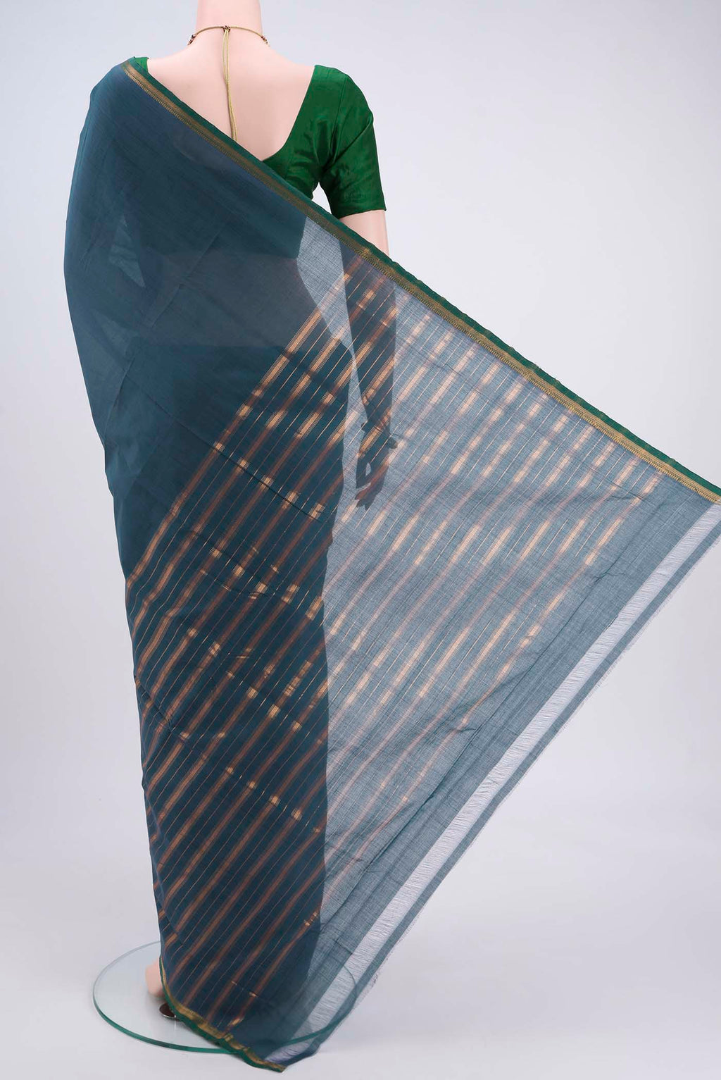 Flat view of Peacock Blue Mangalagiri Cotton Saree with Plain Body and Zari Border. 