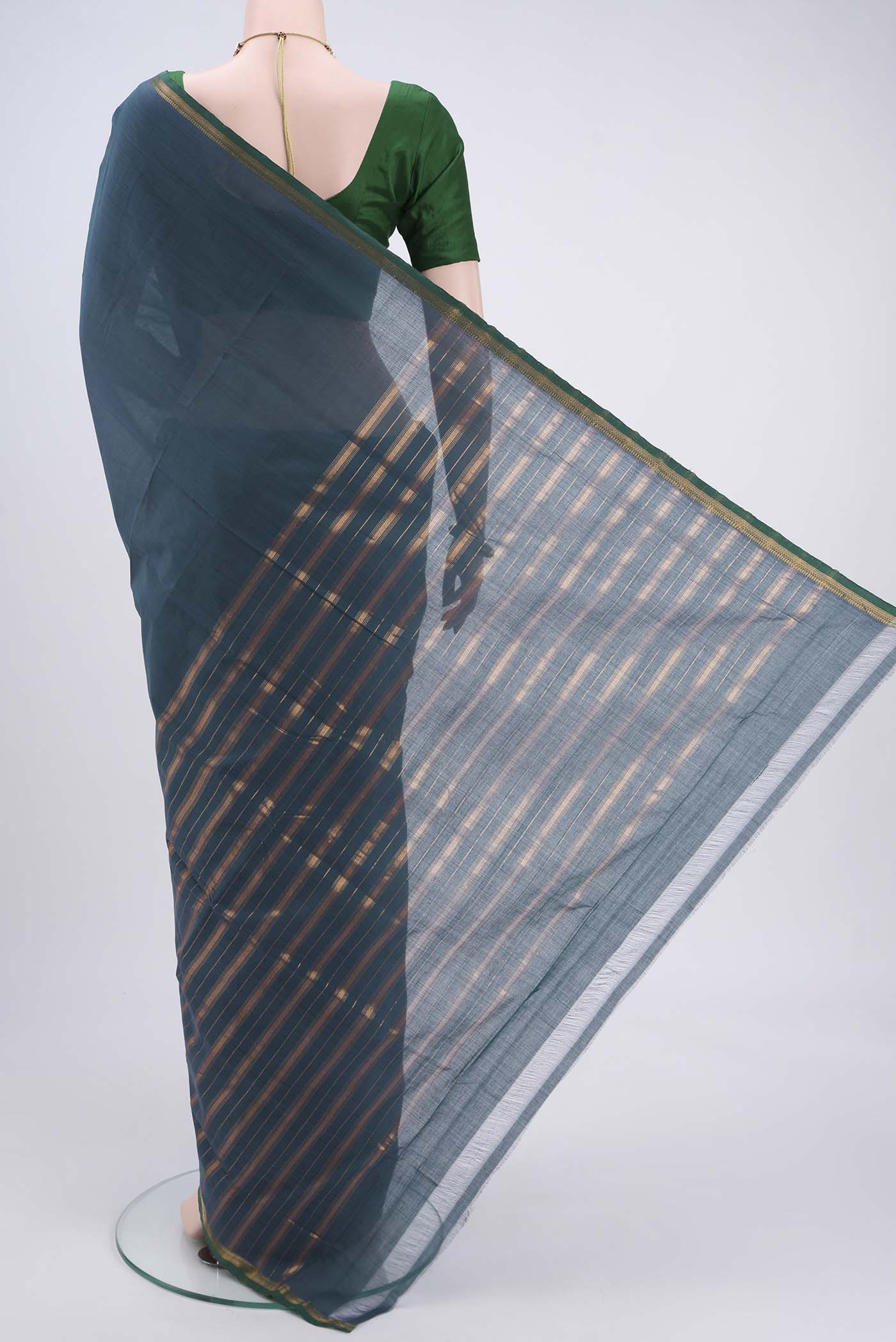 Flat view of Peacock Blue Mangalagiri Cotton Saree with Plain Body and Zari Border. 