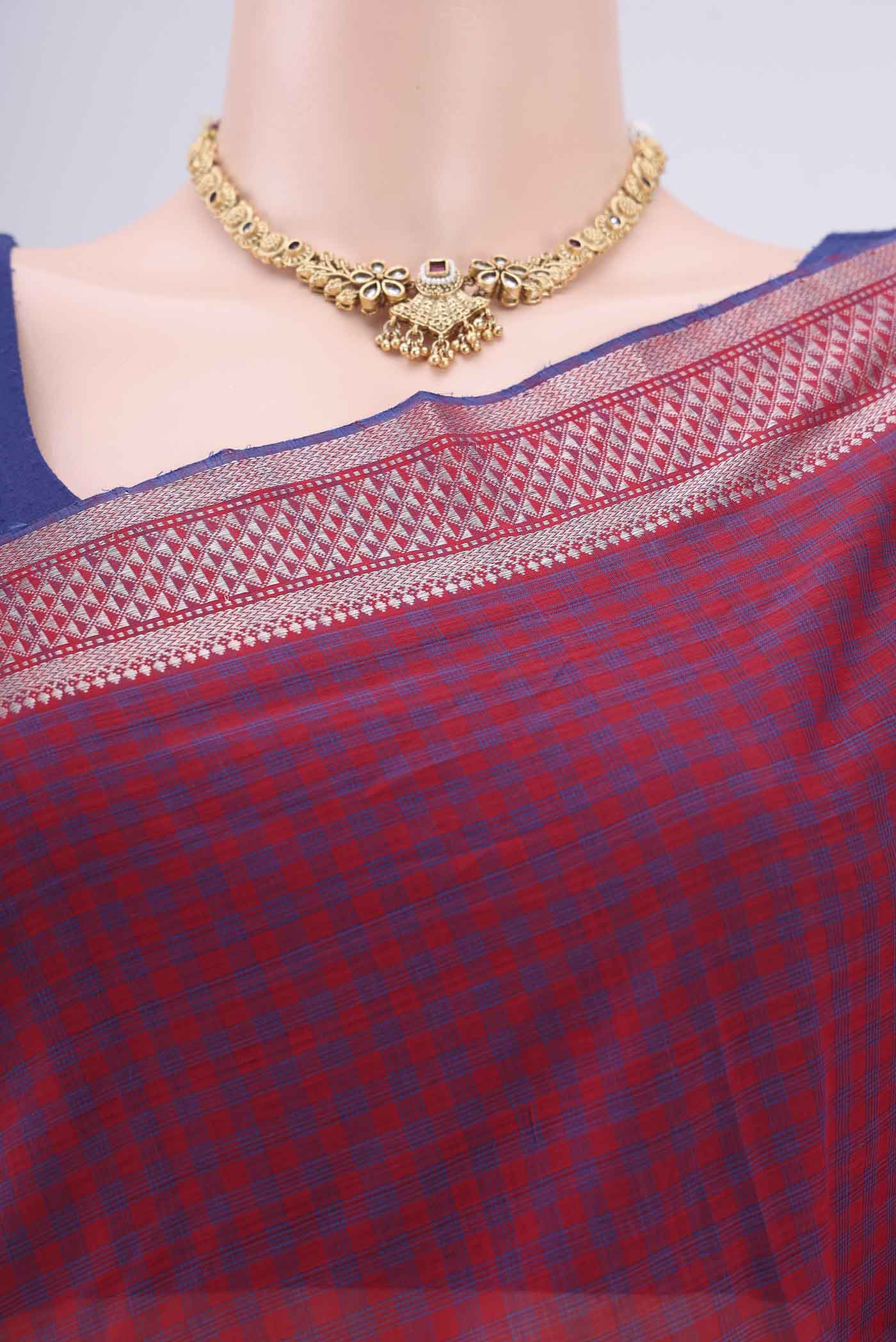 Border image of Red Mangalagiri Cotton Saree with Checked design on the body and Zari Border. 