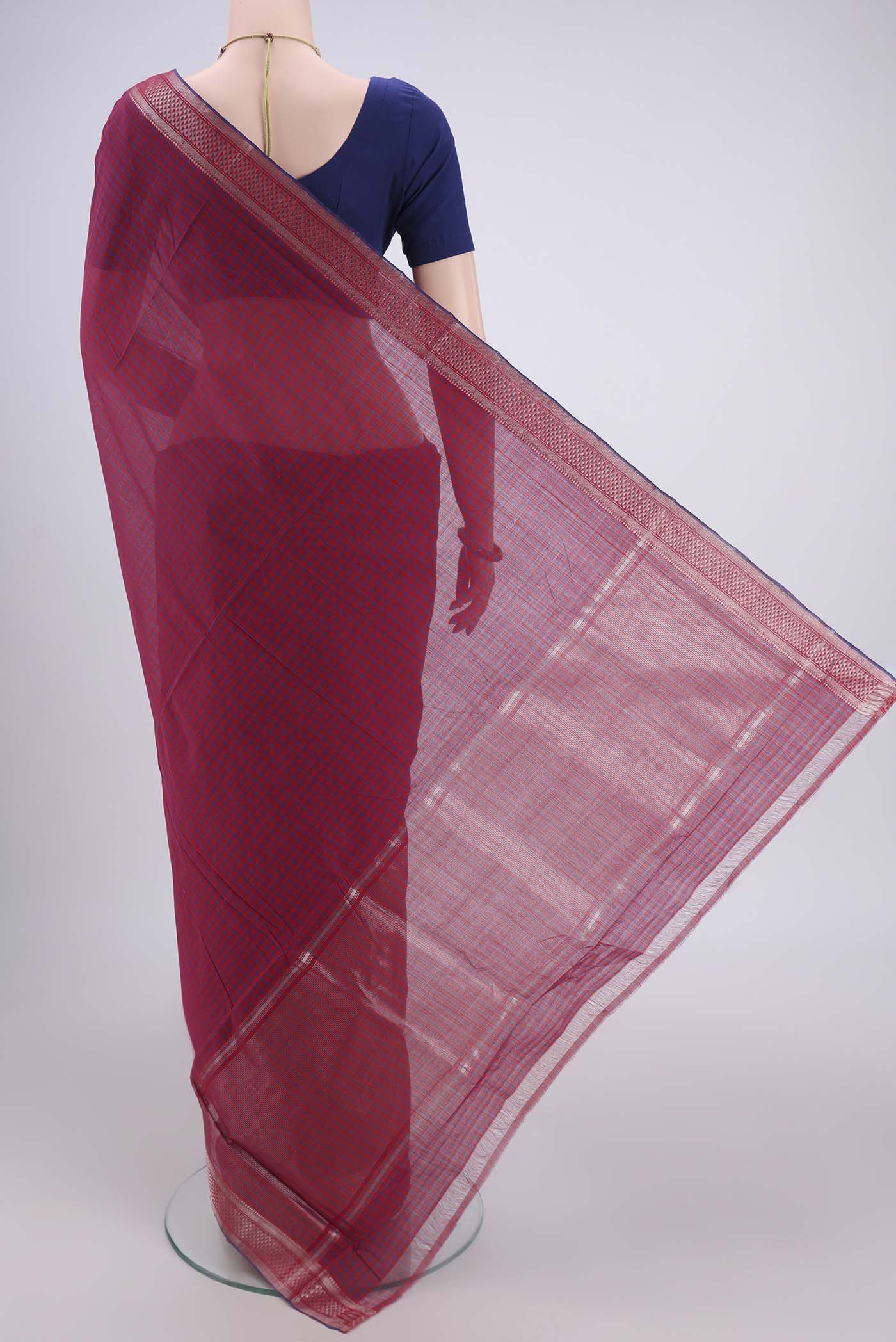 Flat view of Red Mangalagiri Cotton Saree with Checked design on the body and Zari Border. 