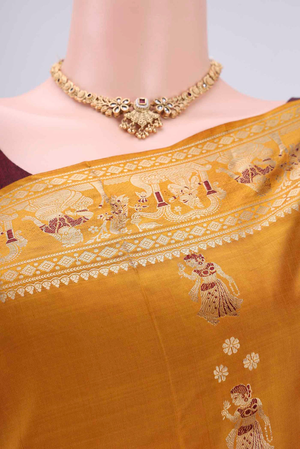 Border image of Mustard Baluchari Silk Saree with Zari And Thread Butta on the body and Zari And Thread Border. 