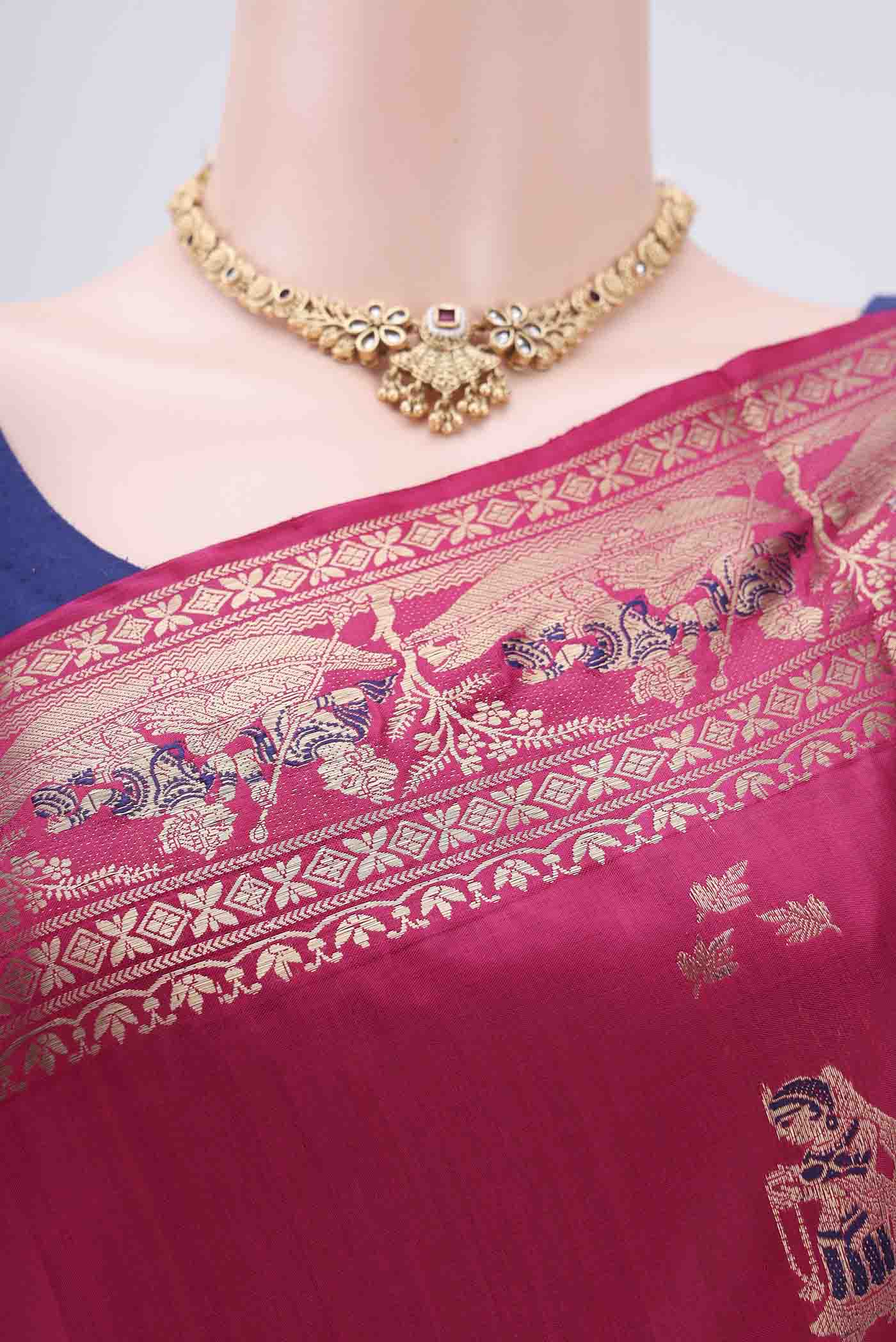Border image of Rani Pink Baluchari Silk Saree with Zari And Thread Butta on the body and Zari And Thread Border. 