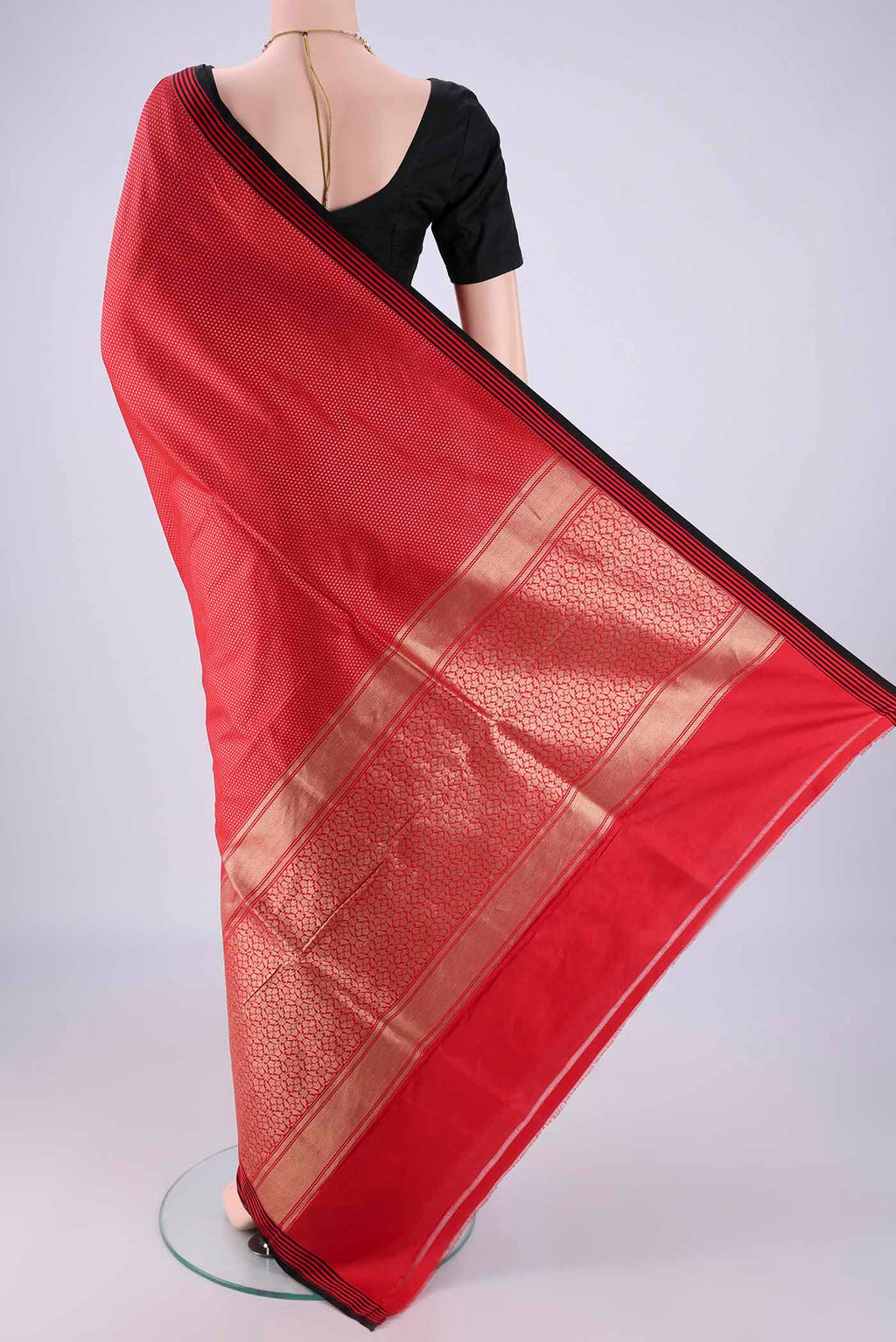 Flat view of Red Banarasi Silk Saree with Zari Brocade on the body and Plain Border. 