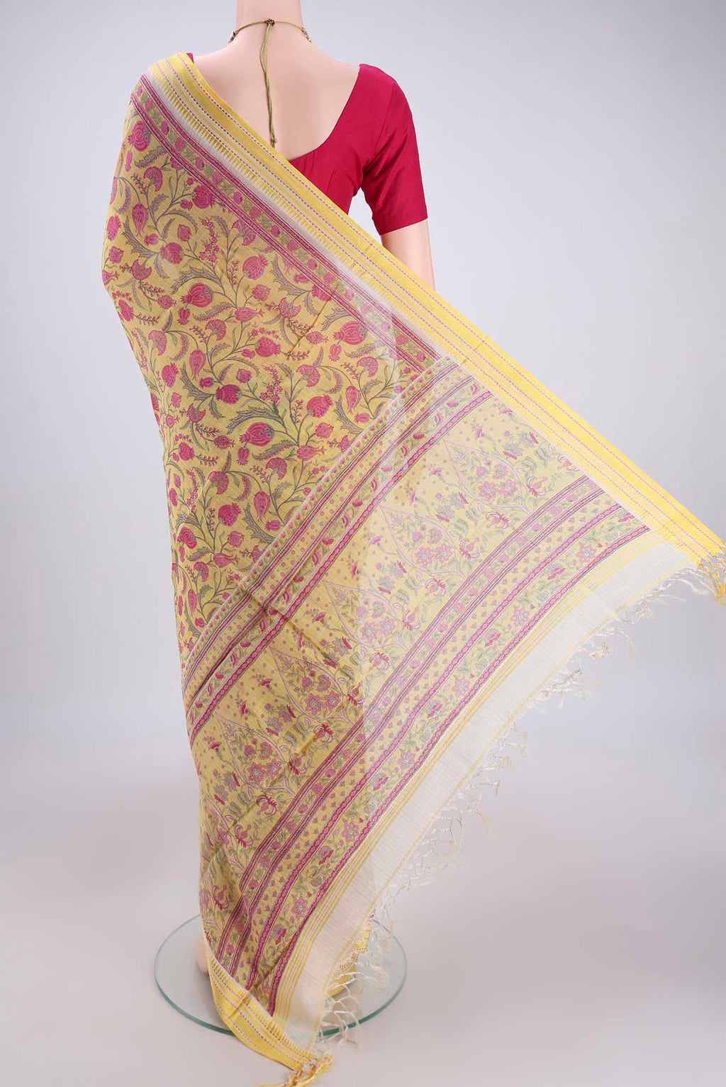 Flat view of Lemon Yellow Tussar Silk Saree with Floral Print on the body and Thread Border. 