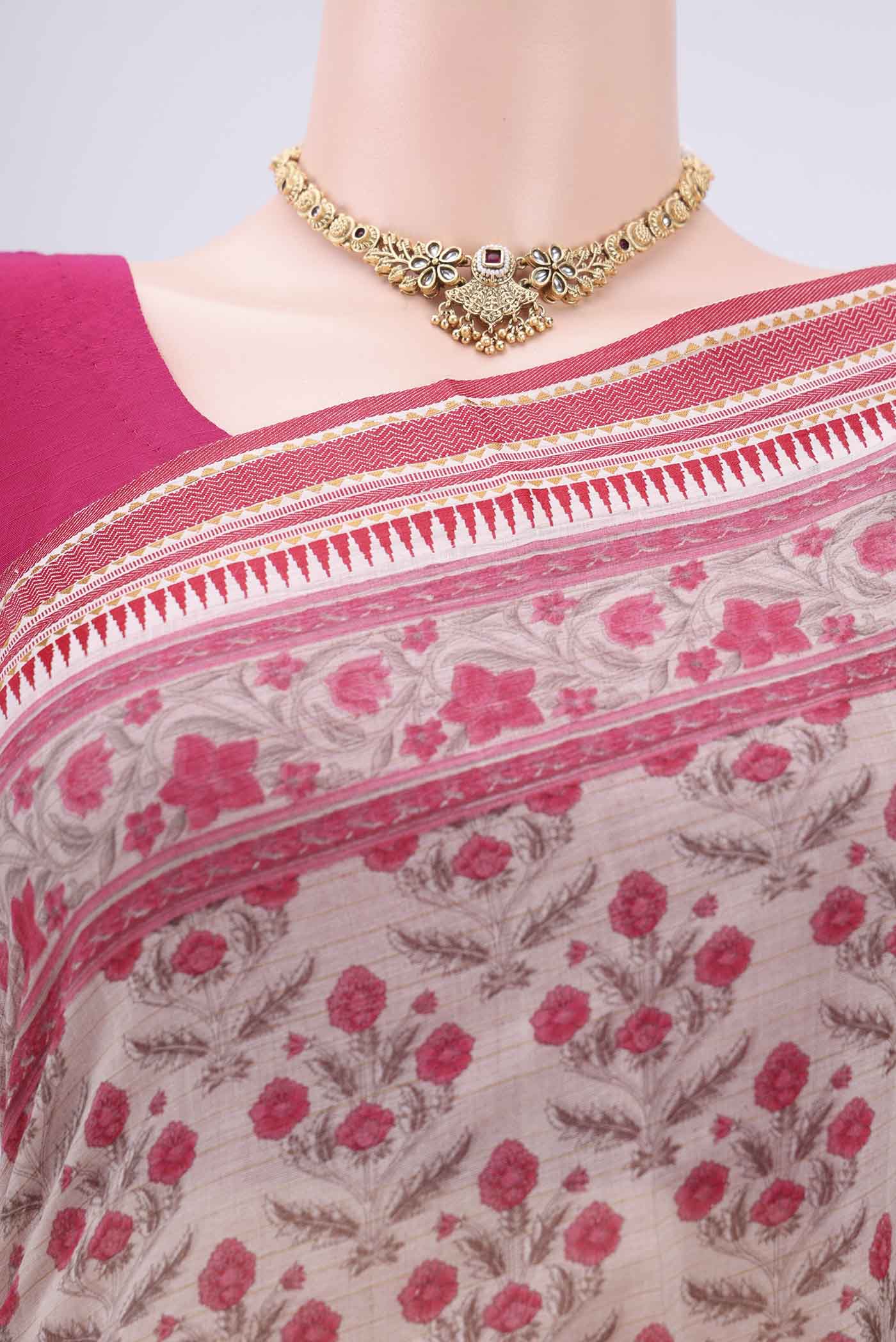Border image of Beige Tussar Silk Saree with Floral Print on the body and Thread Border. 