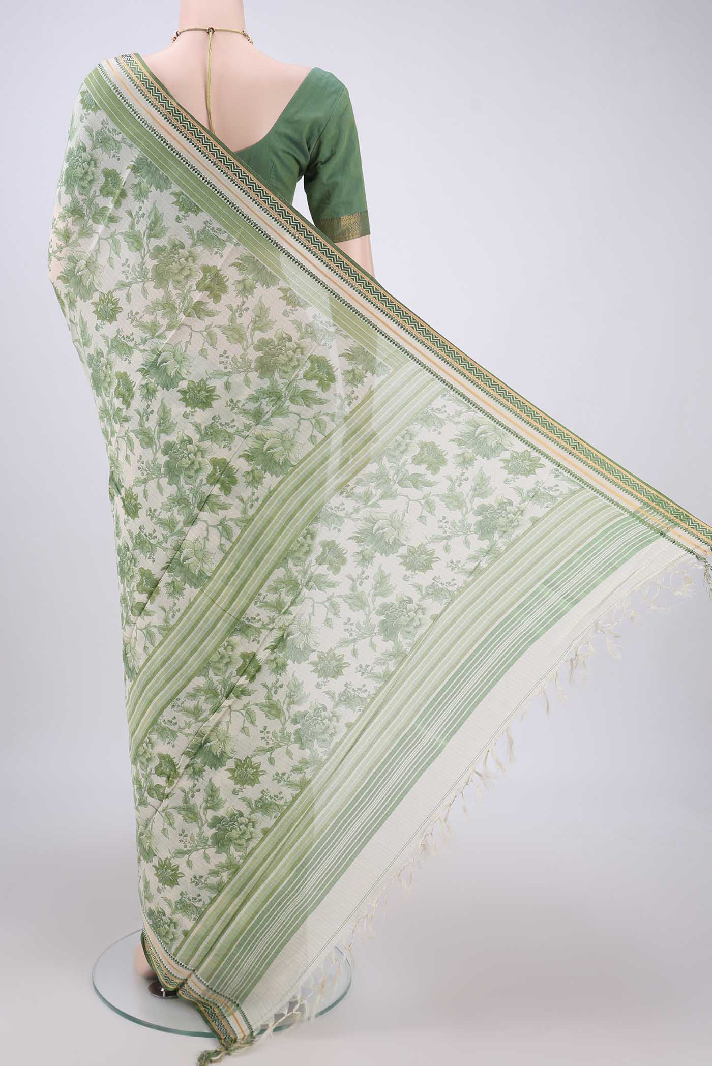 Flat view of Off White Tussar Silk Saree with Floral Print on the body and Thread Border. 