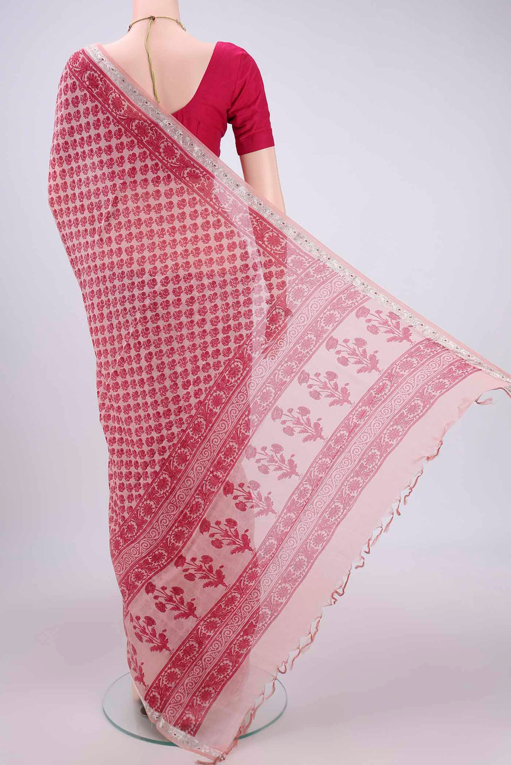 Flat view of Rose pink Chanderi Silk Saree with Floral Print on the body and Zari Border. 