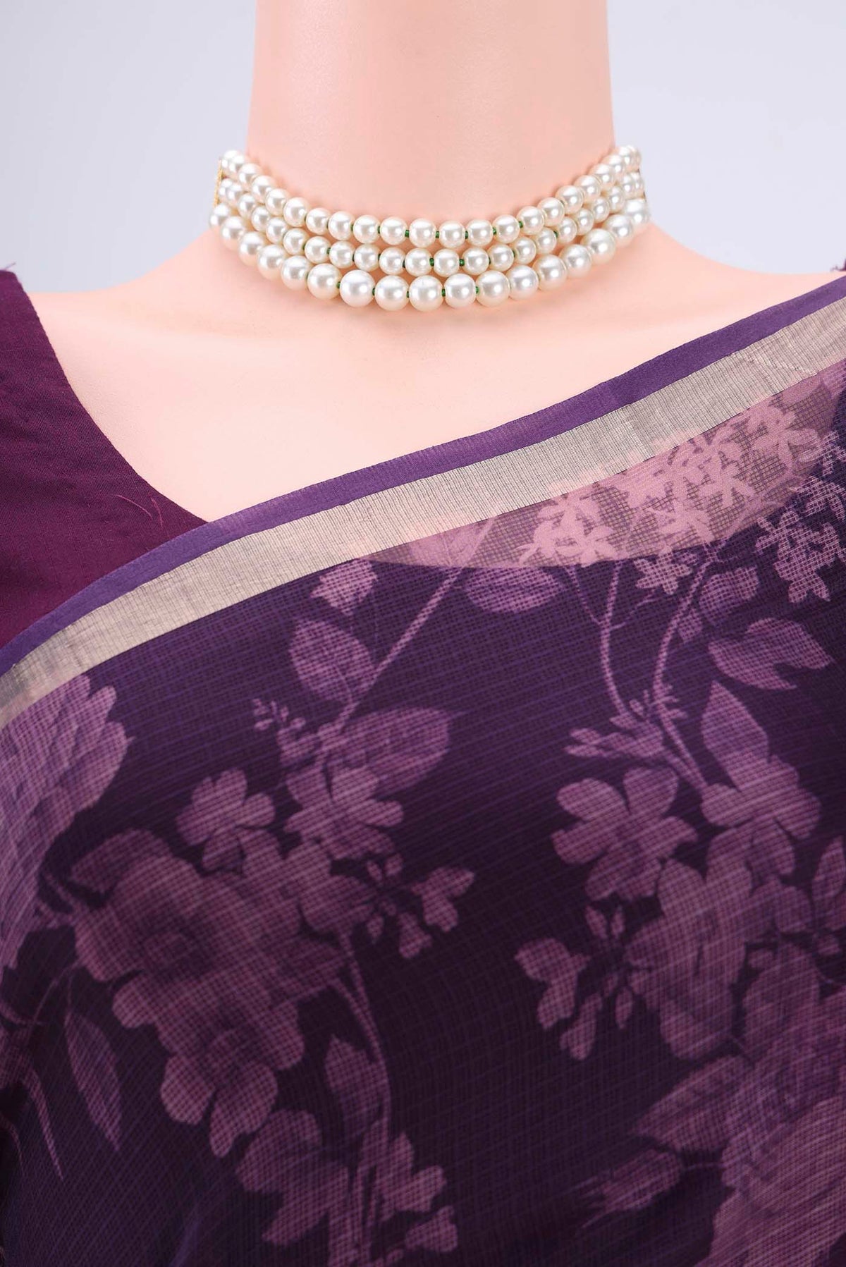 Border image of Purple Kota Silk Saree with Floral Print on the body and Zari Border. 