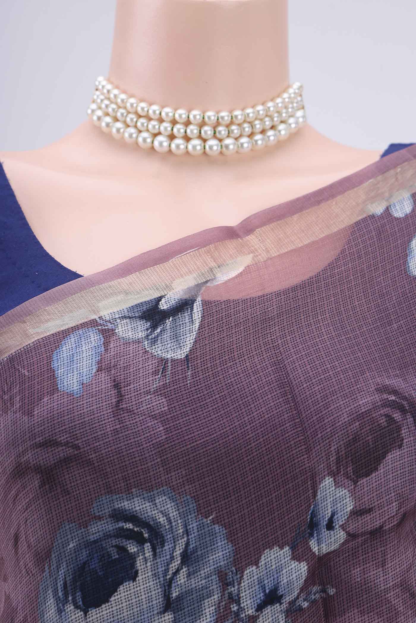 Border image of Coral Kota Silk Saree with Printed design on the body and Zari Border. 