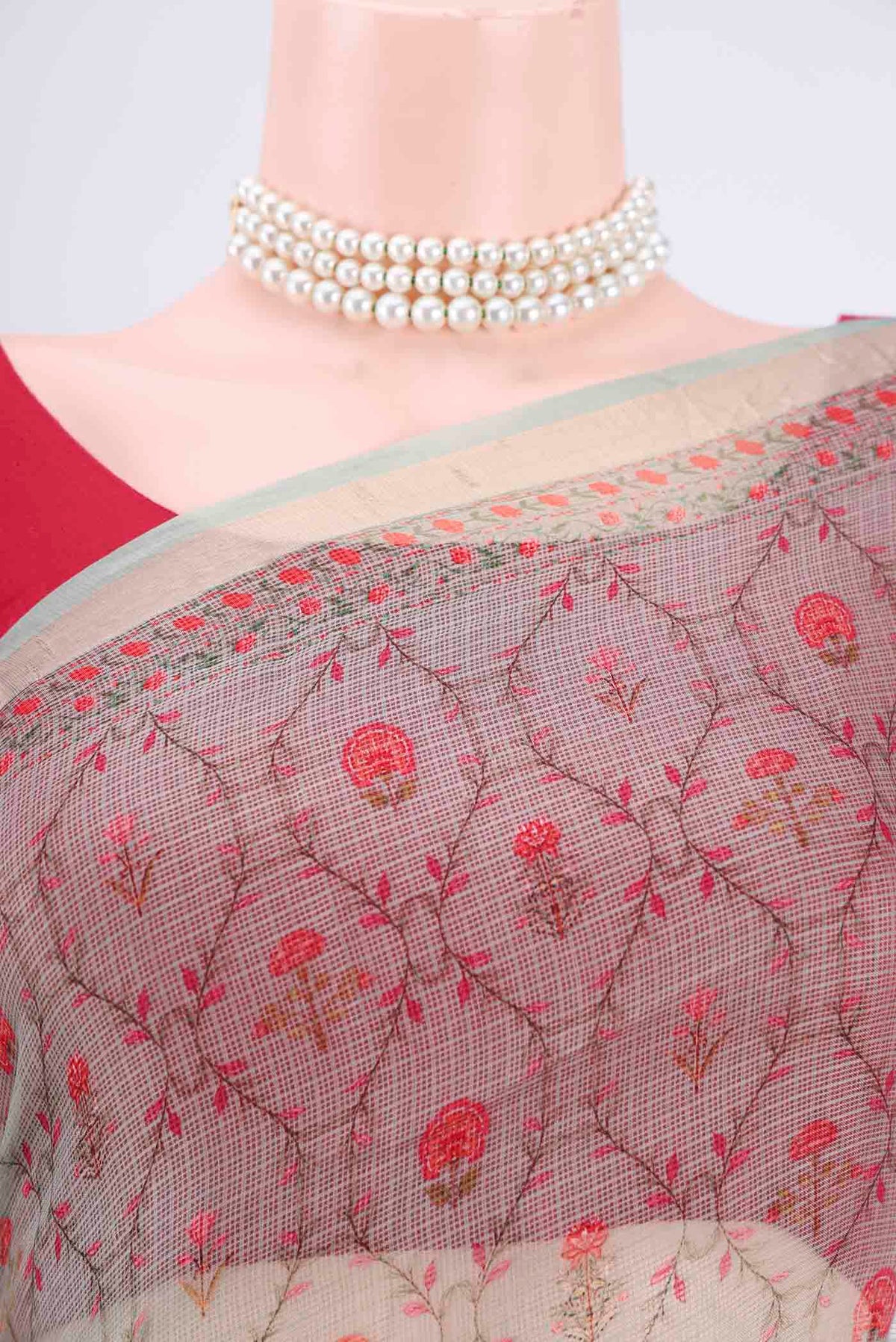 Border image of Sage Green Kota Silk Saree with Printed design on the body and Zari Border. 