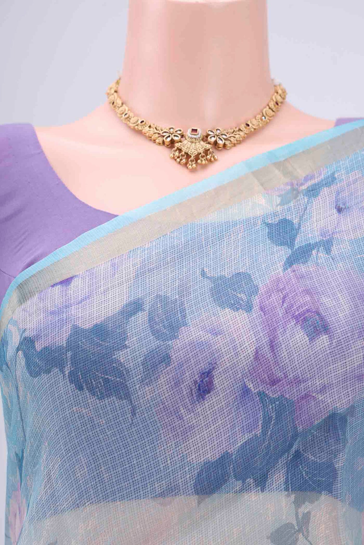 Border image of Sky Blue Kota Silk Saree with Printed design on the body and Zari Border. 
