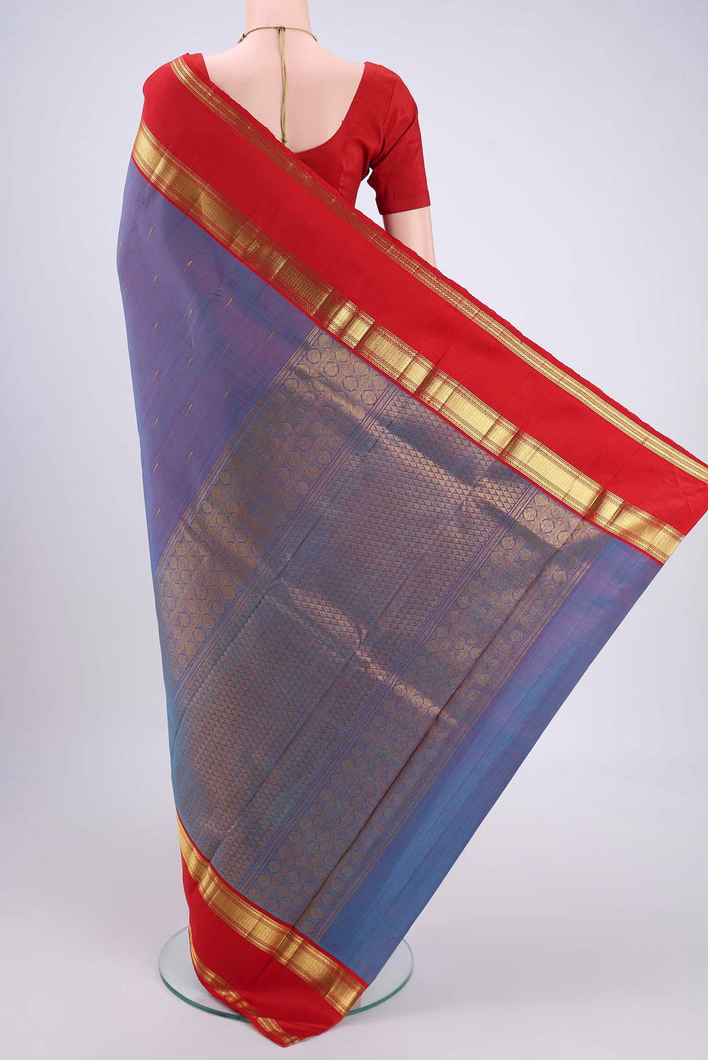 Flat view of Mauve Dual Tone Kanjivaram Silk Saree with Checked design on the body and Zari Border. 
