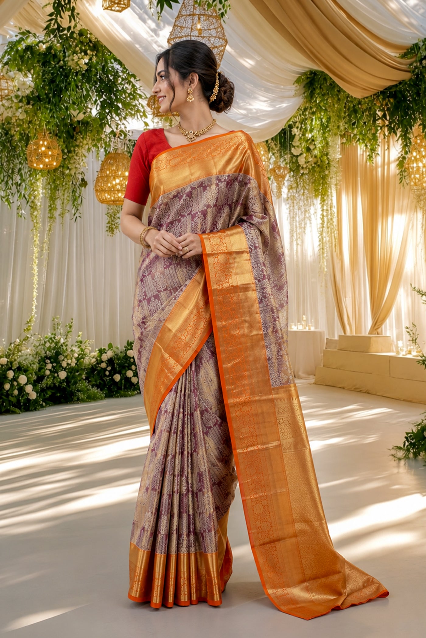 Model wearing a Mauve with Gold Color Kanchipuram Tissue Silk Saree with Zari Brocade on the body and Zari Border.