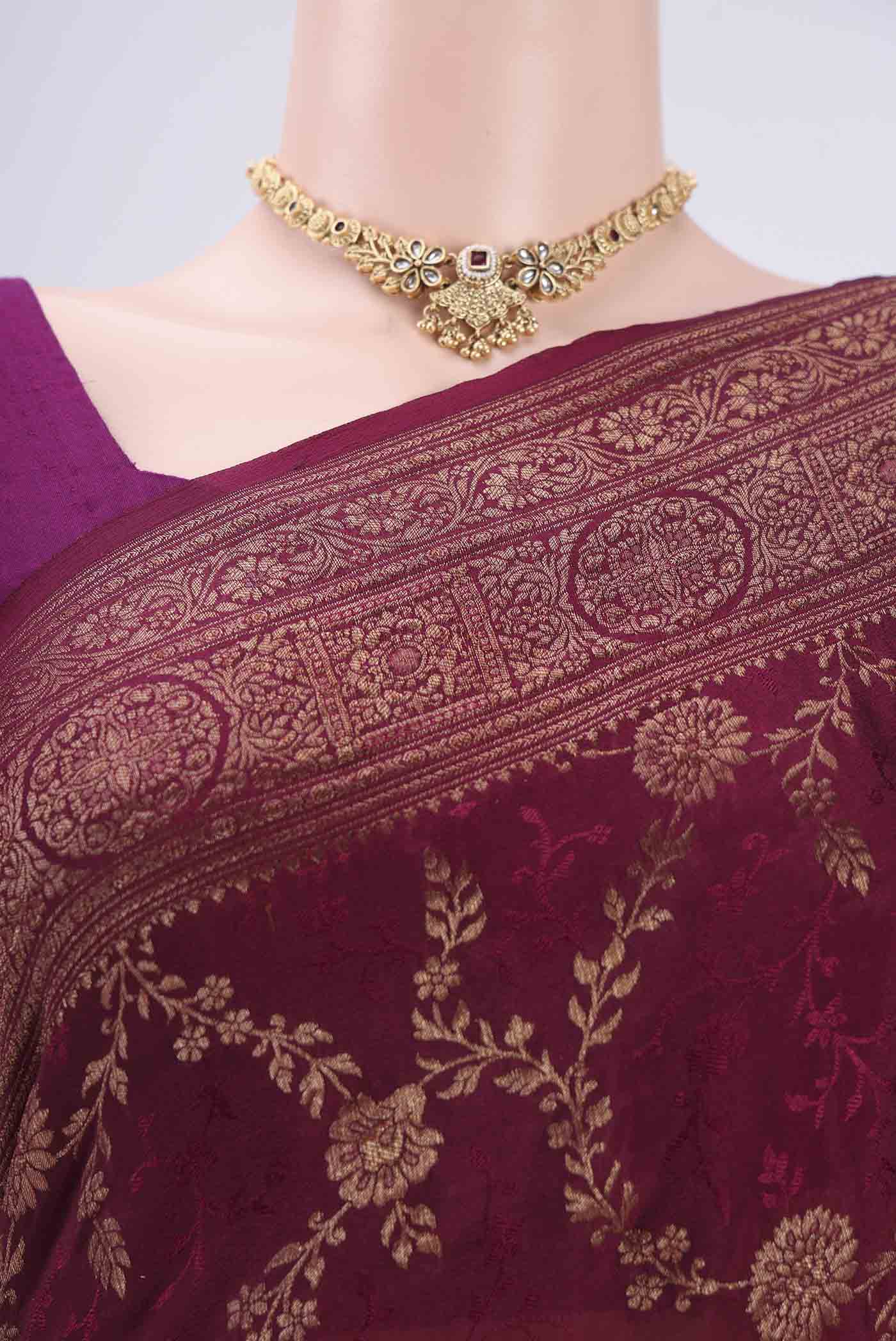 Border image of Magenta Mysore Crepe Saree with Zari Brocade on the body and Zari Border. 